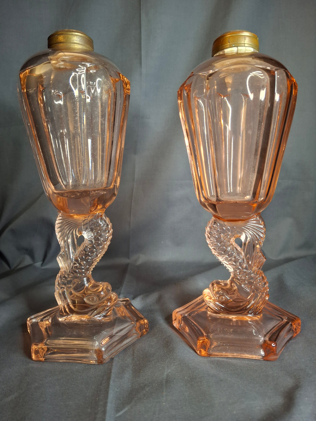 Pair Antique Pink Glass Dolphin Koi Fish Kerosene Fluid Lamps Hexagon Base