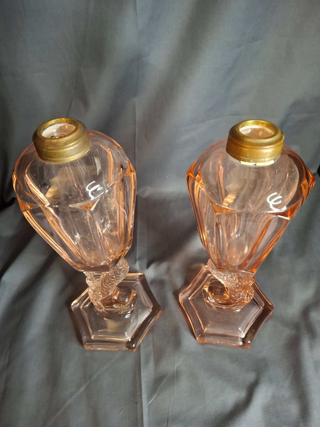 Pair Antique Pink Glass Dolphin Koi Fish Kerosene Fluid Lamps Hexagon Base