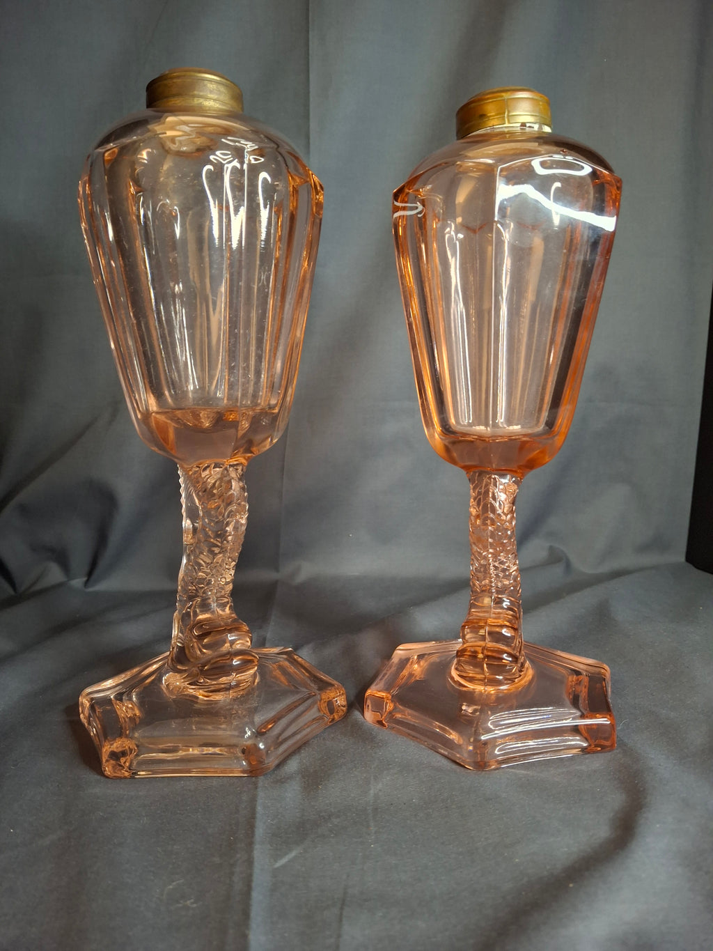 Pair Antique Pink Glass Dolphin Koi Fish Kerosene Fluid Lamps Hexagon Base