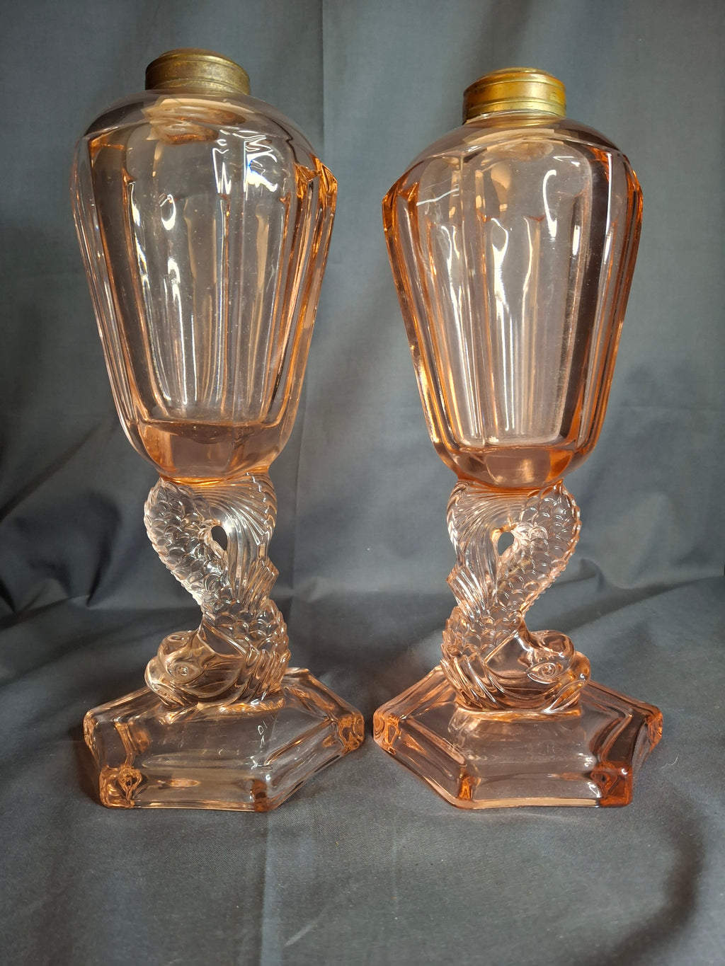 Pair Antique Pink Glass Dolphin Koi Fish Kerosene Fluid Lamps Hexagon Base