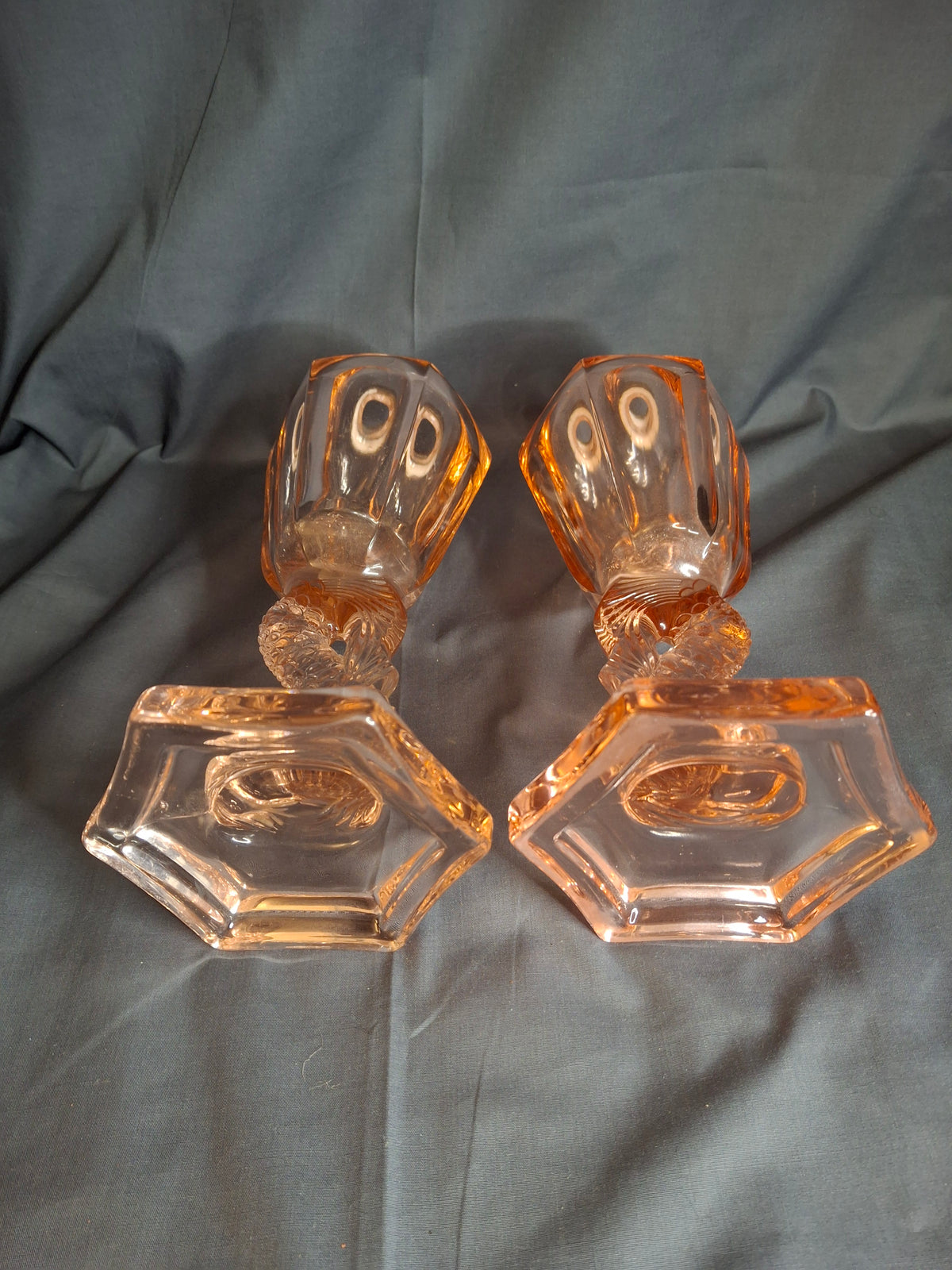 Pair Antique Pink Glass Dolphin Koi Fish Kerosene Fluid Lamps Hexagon Base
