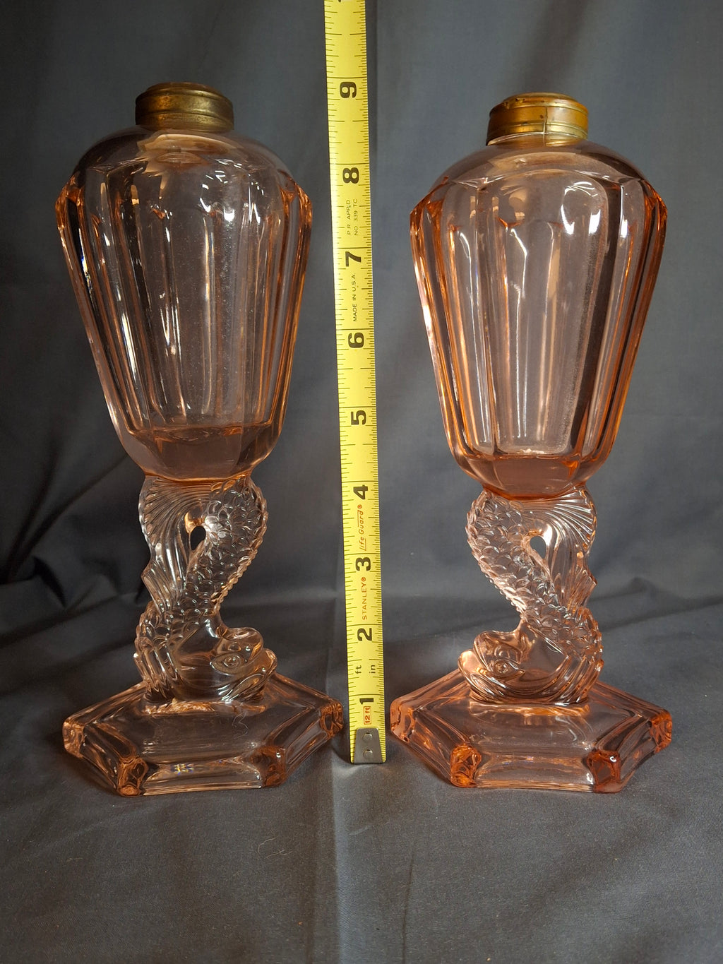 Pair Antique Pink Glass Dolphin Koi Fish Kerosene Fluid Lamps Hexagon Base