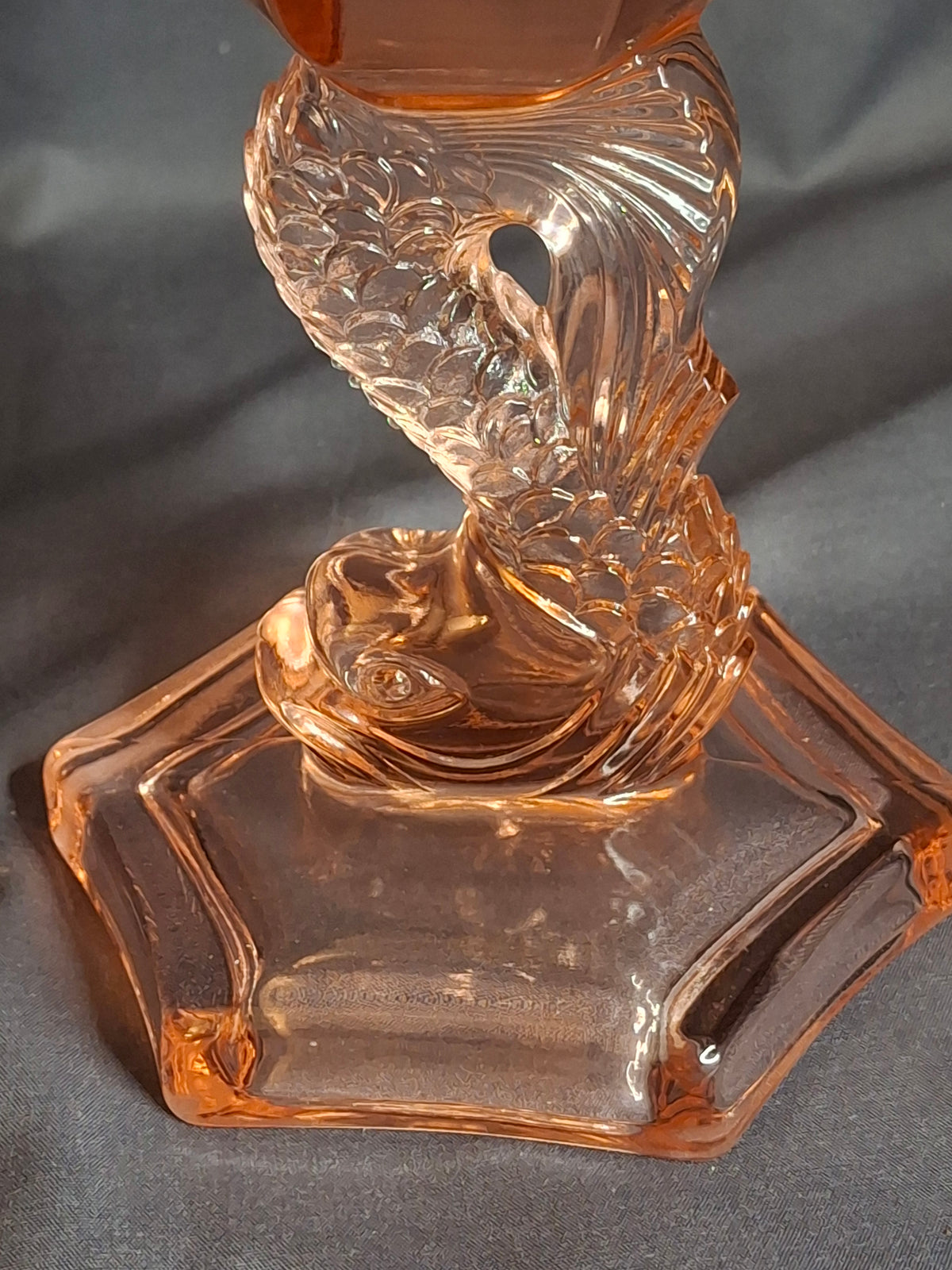 Pair Antique Pink Glass Dolphin Koi Fish Kerosene Fluid Lamps Hexagon Base
