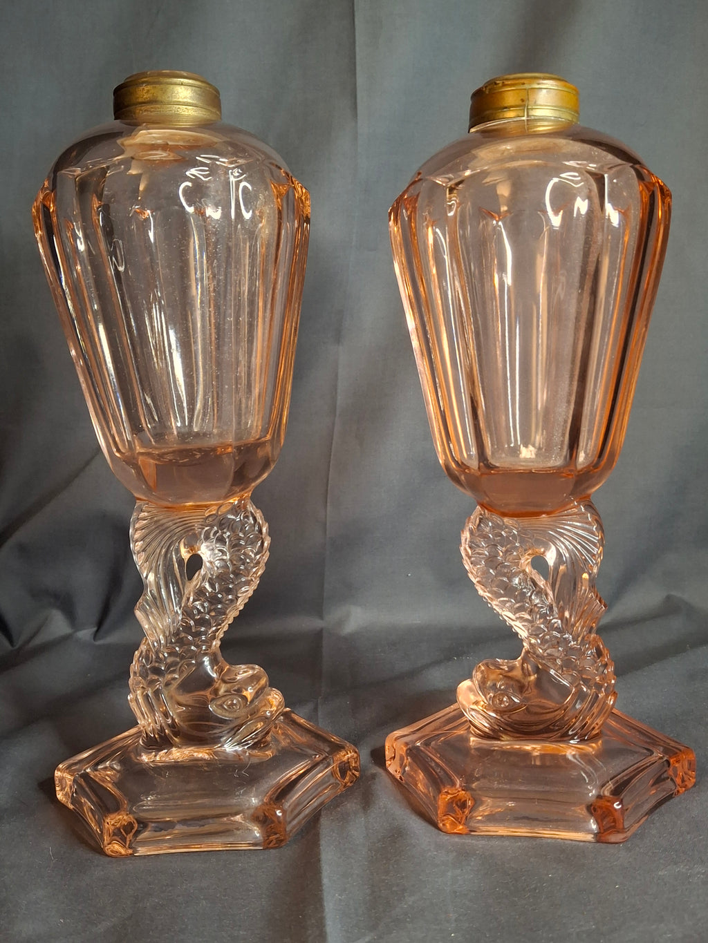 Pair Antique Pink Glass Dolphin Koi Fish Kerosene Fluid Lamps Hexagon Base