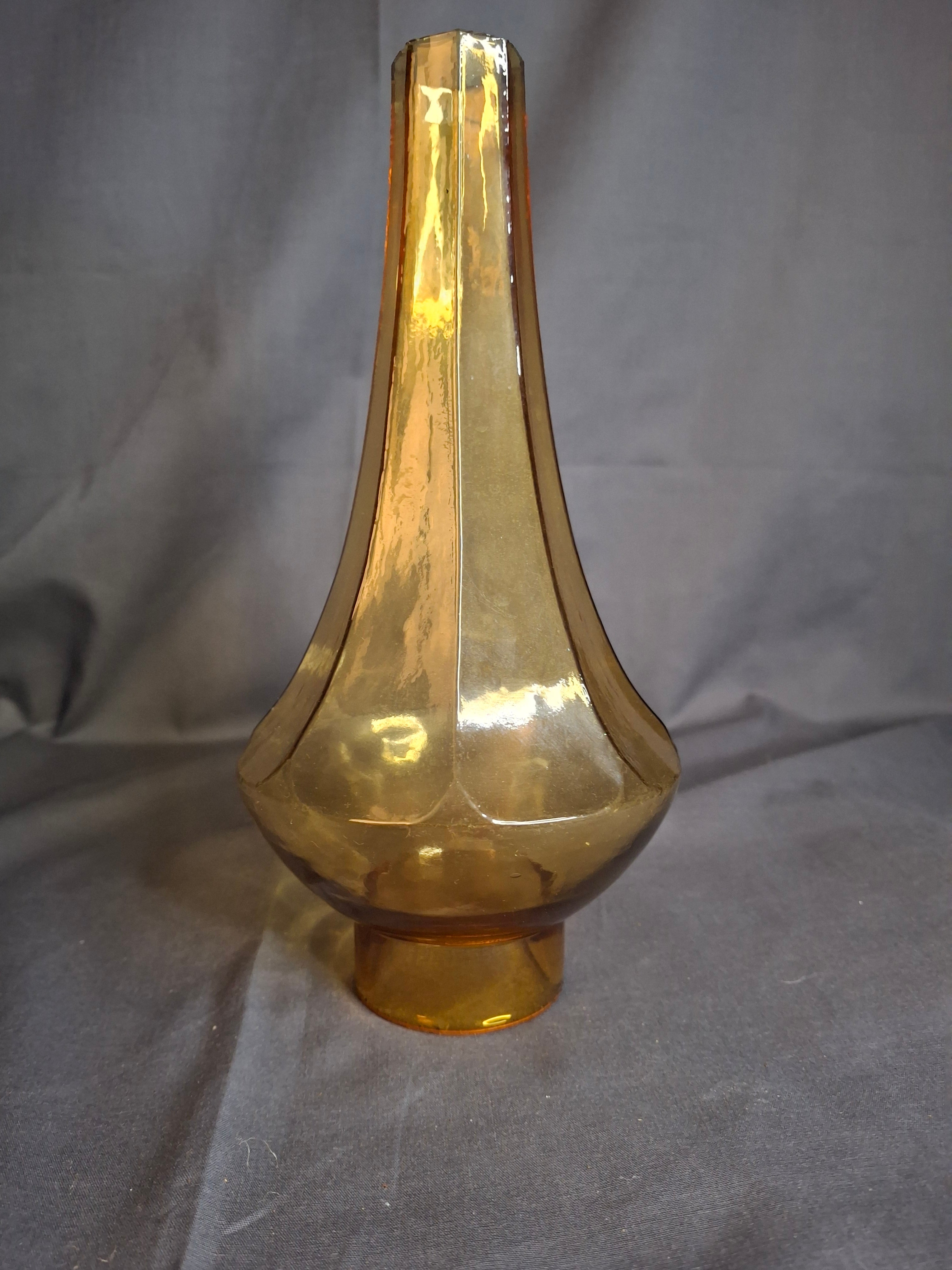 Vintage Amber Glass Octagonal Lamp Chimney 1.75" Fitter Fluted Paneled 8.5"
