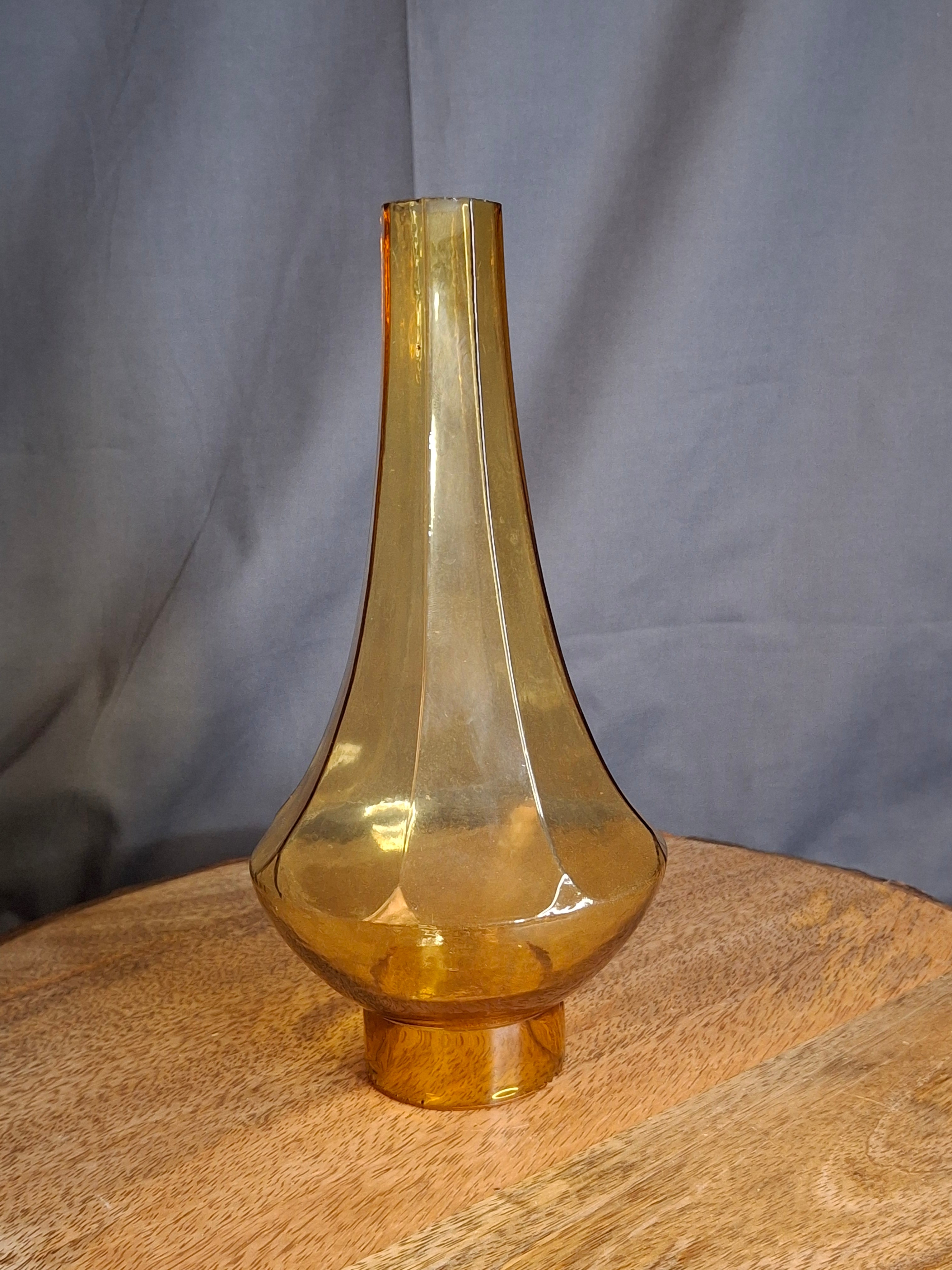 Vintage Amber Glass Octagonal Lamp Chimney 1.75" Fitter Fluted Paneled 8.5"