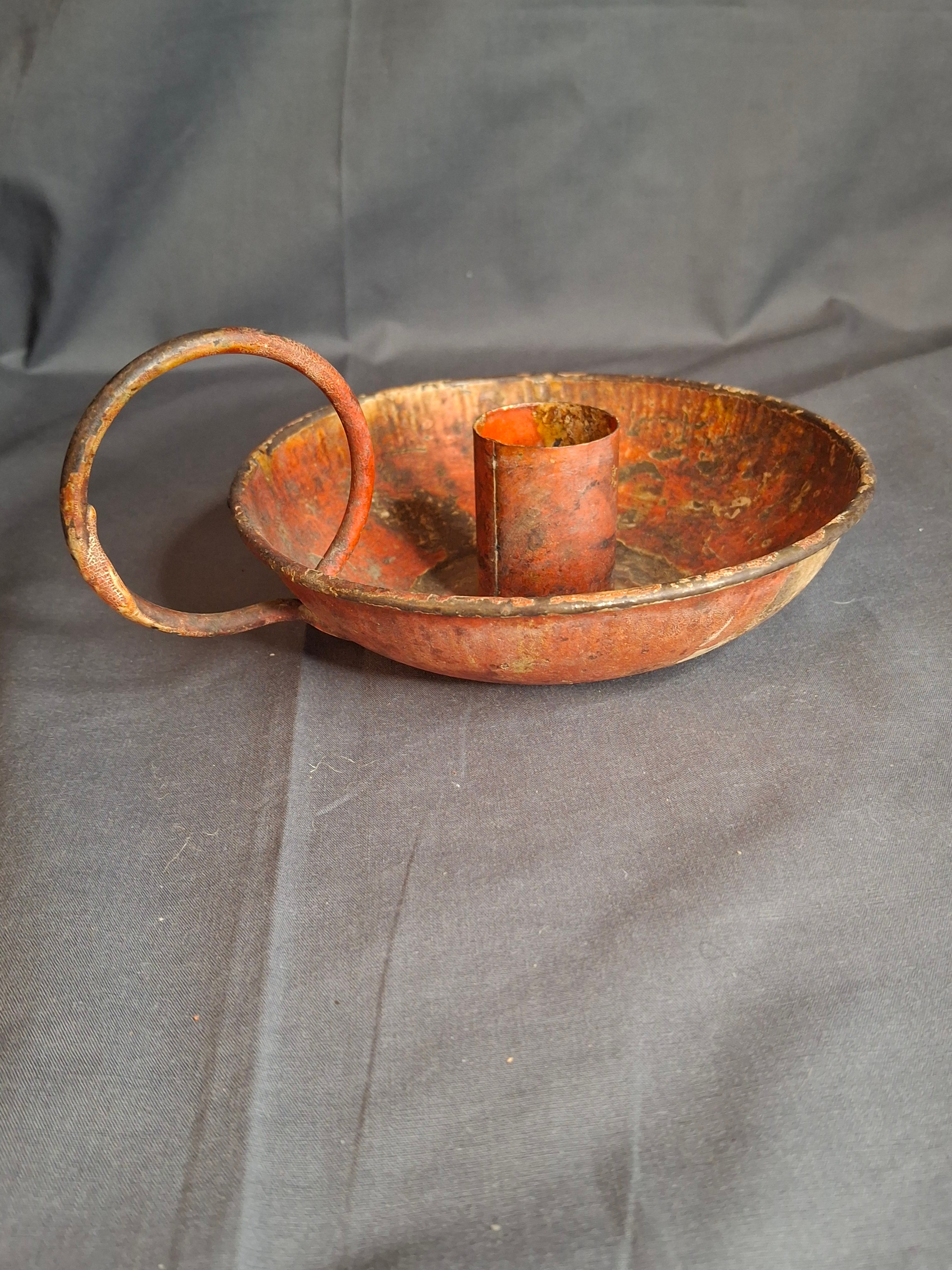 Antique 19th Century Original Red Paint Sheet Tin Chamberstick Candle Holder Finger Loop 5.5"
