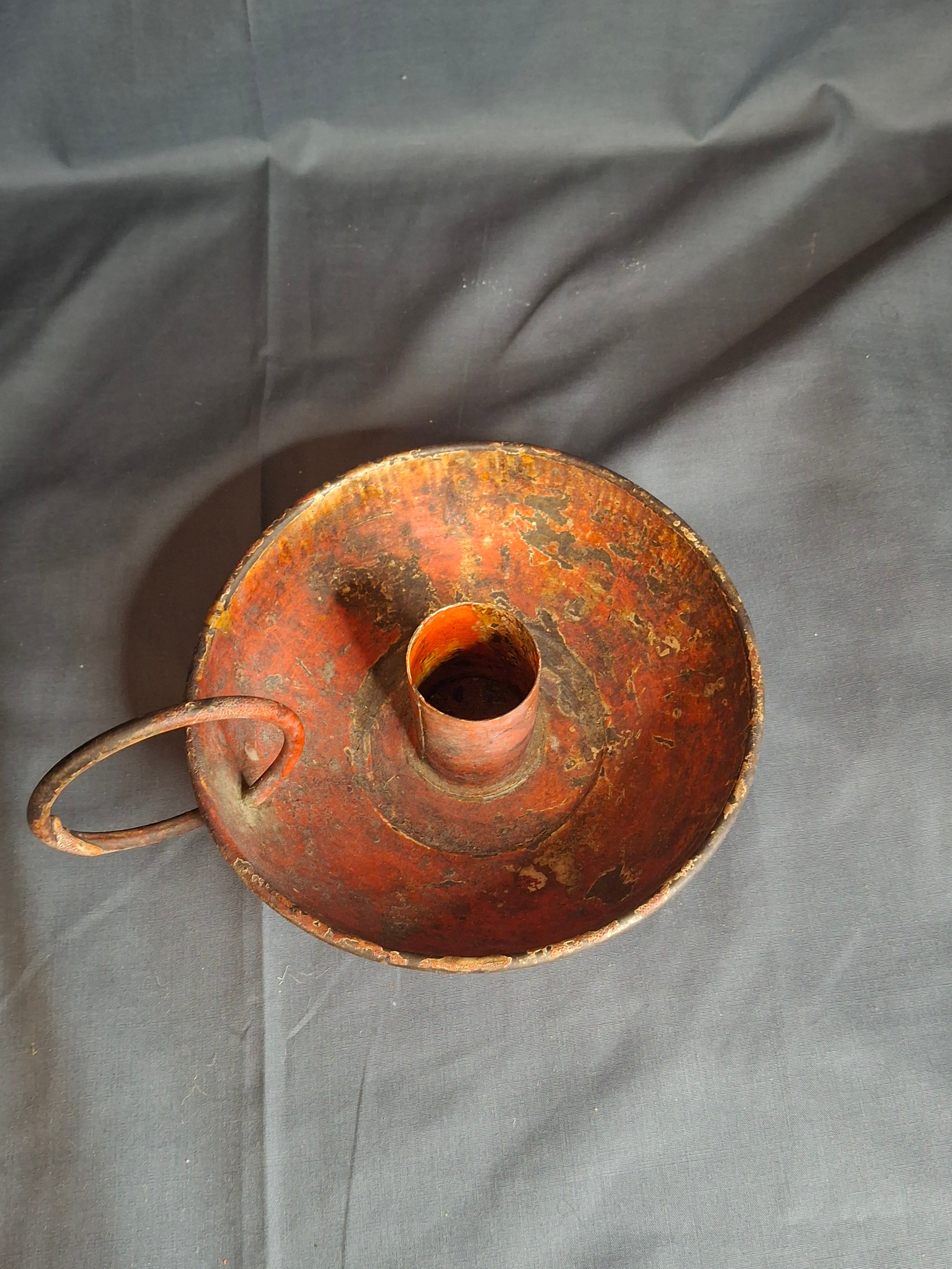 Antique 19th Century Original Red Paint Sheet Tin Chamberstick Candle Holder Finger Loop 5.5"