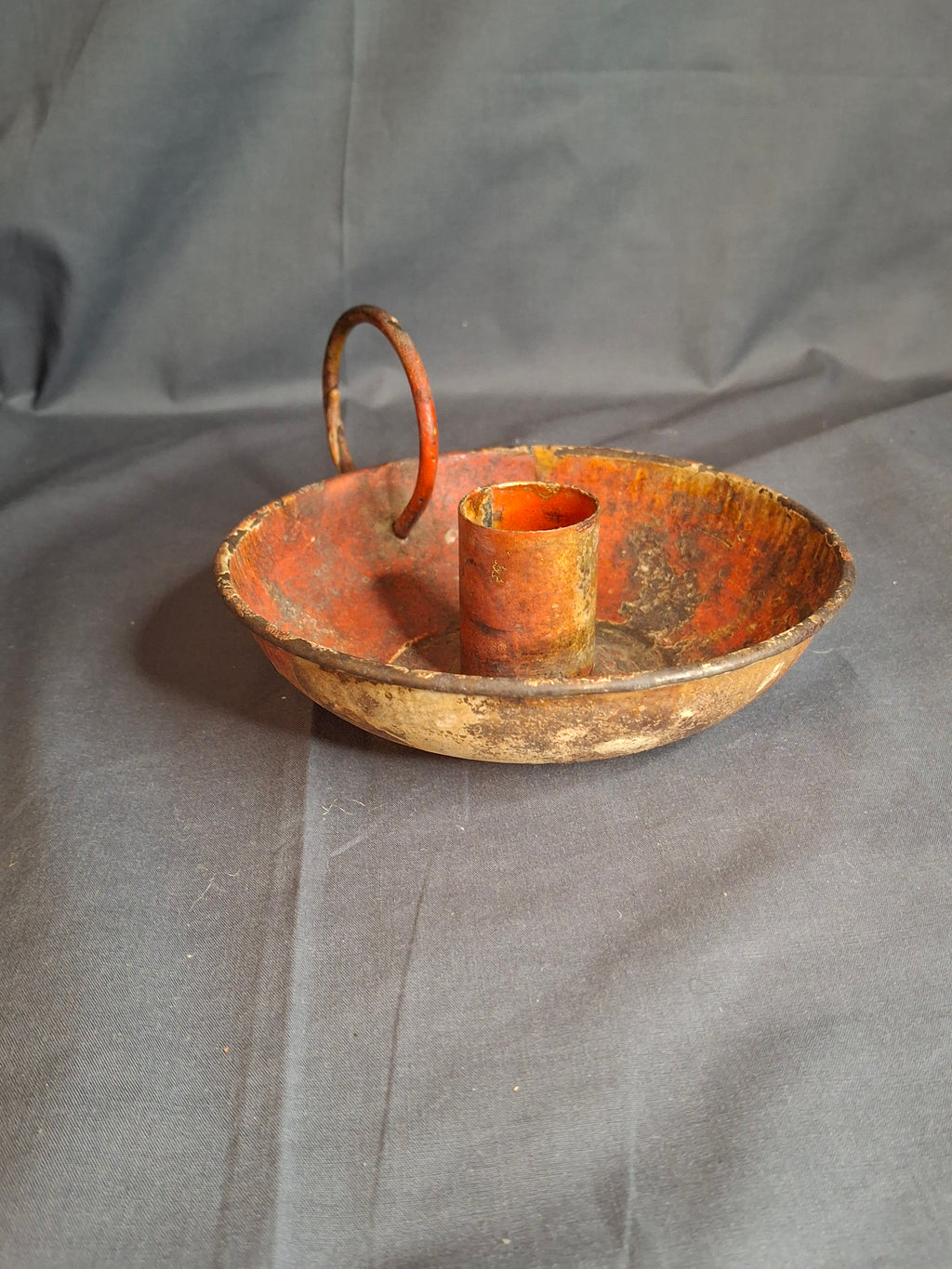 Antique 19th Century Original Red Paint Sheet Tin Chamberstick Candle Holder Finger Loop 5.5"