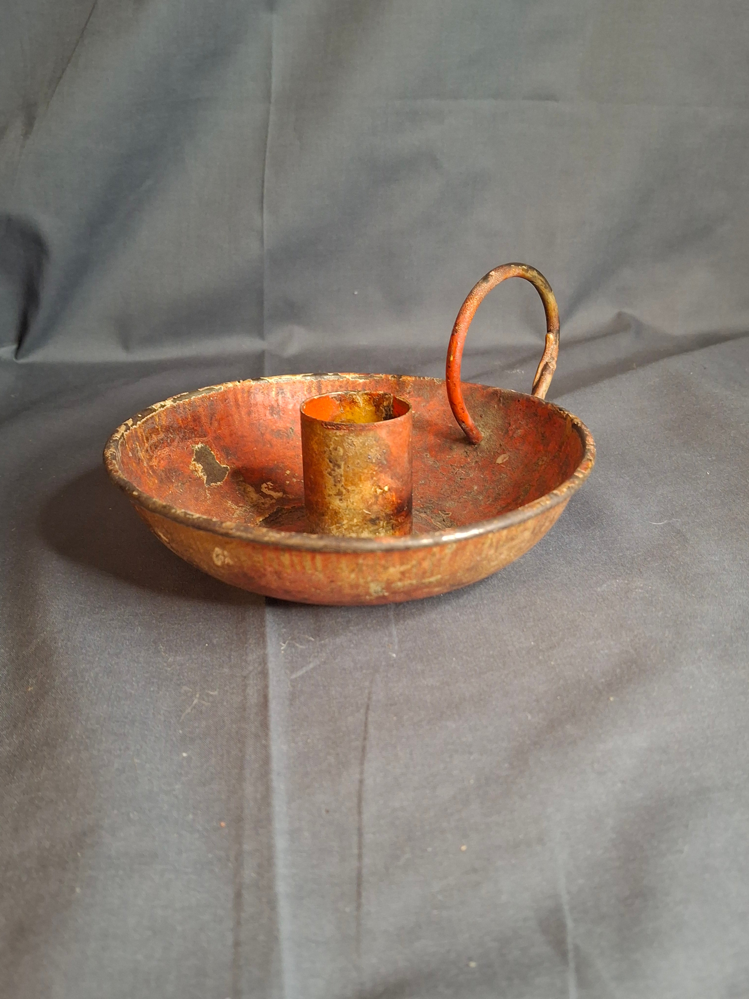 Antique 19th Century Original Red Paint Sheet Tin Chamberstick Candle Holder Finger Loop 5.5"