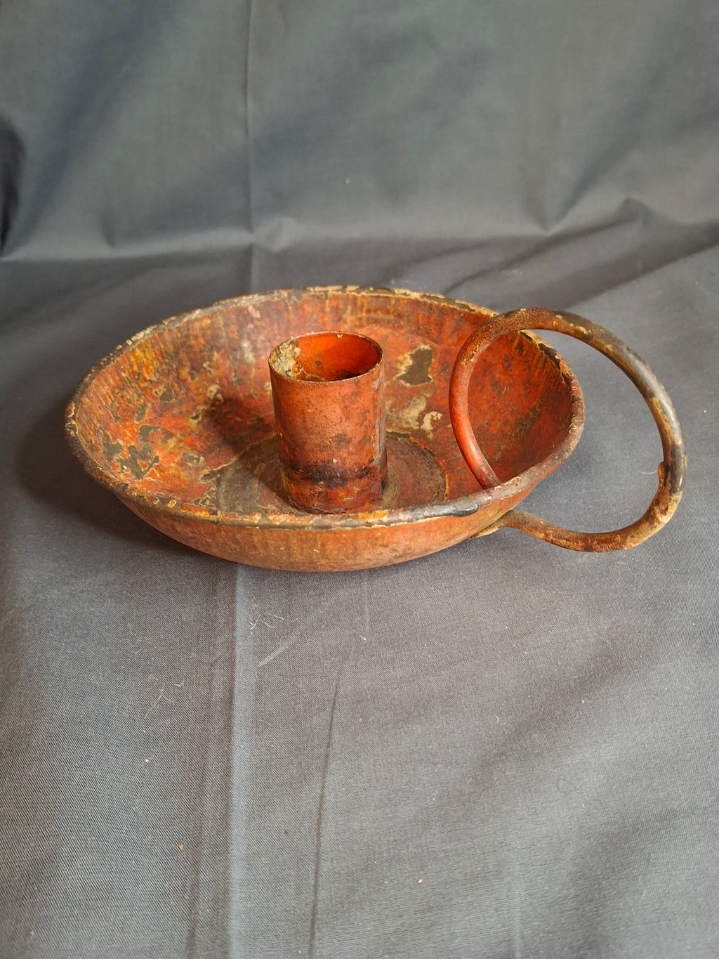 Antique 19th Century Original Red Paint Sheet Tin Chamberstick Candle Holder Finger Loop 5.5"