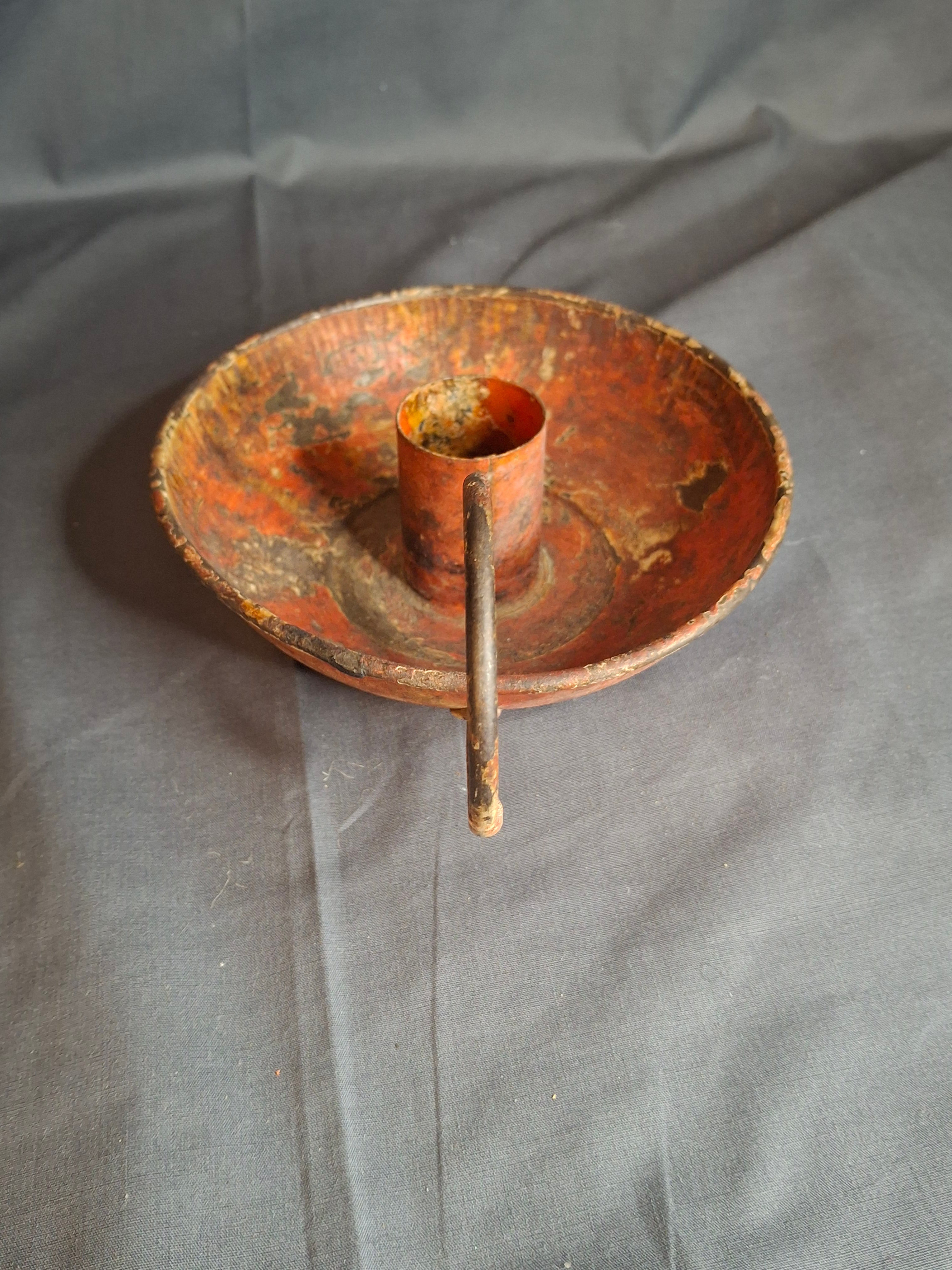 Antique 19th Century Original Red Paint Sheet Tin Chamberstick Candle Holder Finger Loop 5.5"