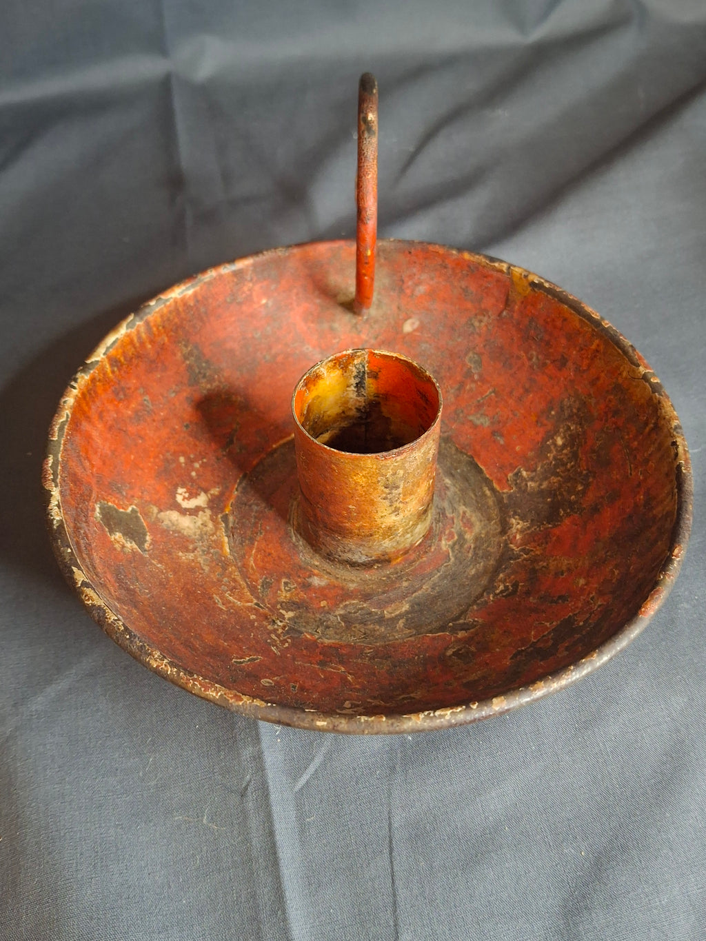 Antique 19th Century Original Red Paint Sheet Tin Chamberstick Candle Holder Finger Loop 5.5"