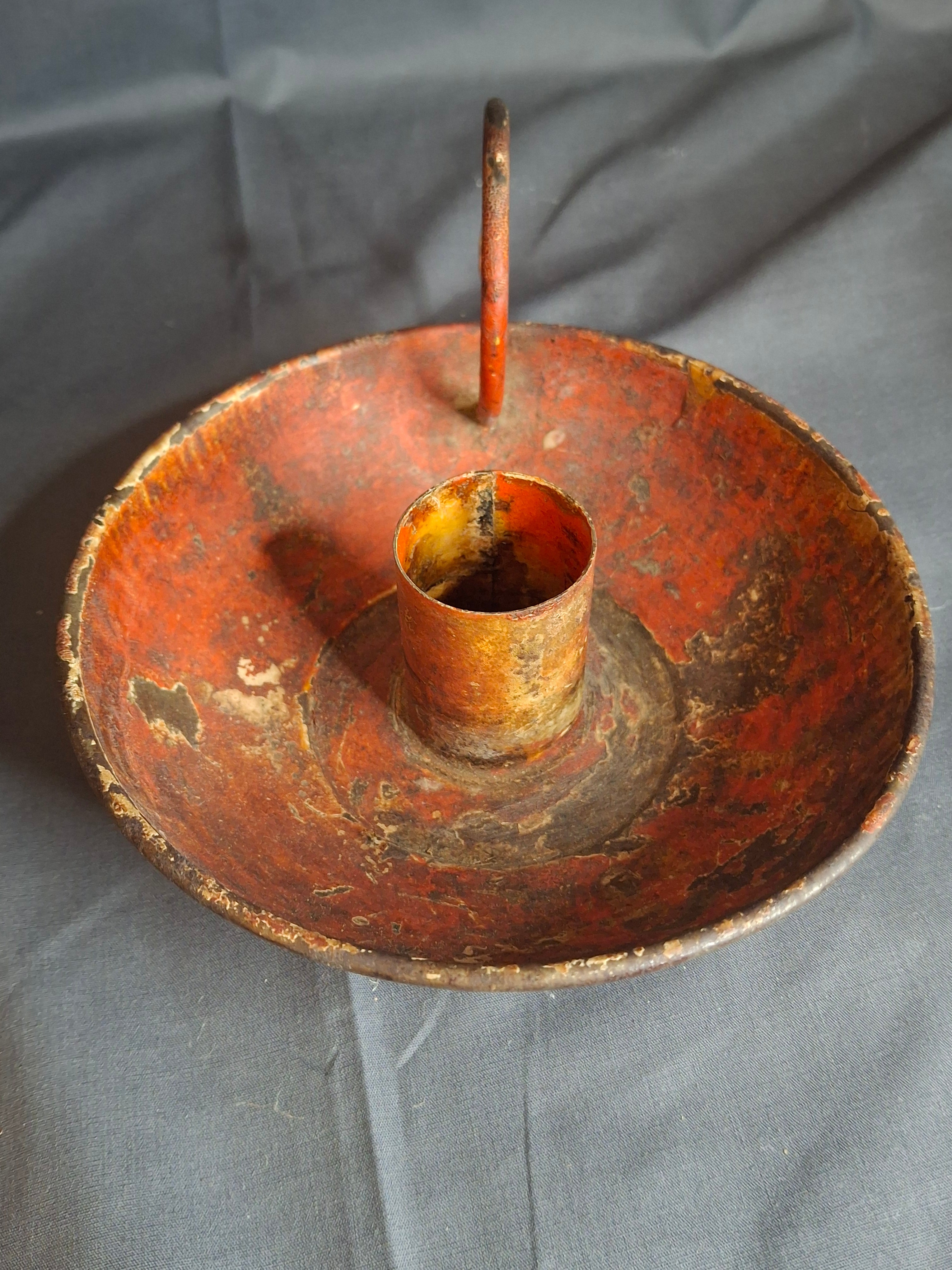 Antique 19th Century Original Red Paint Sheet Tin Chamberstick Candle Holder Finger Loop 5.5"