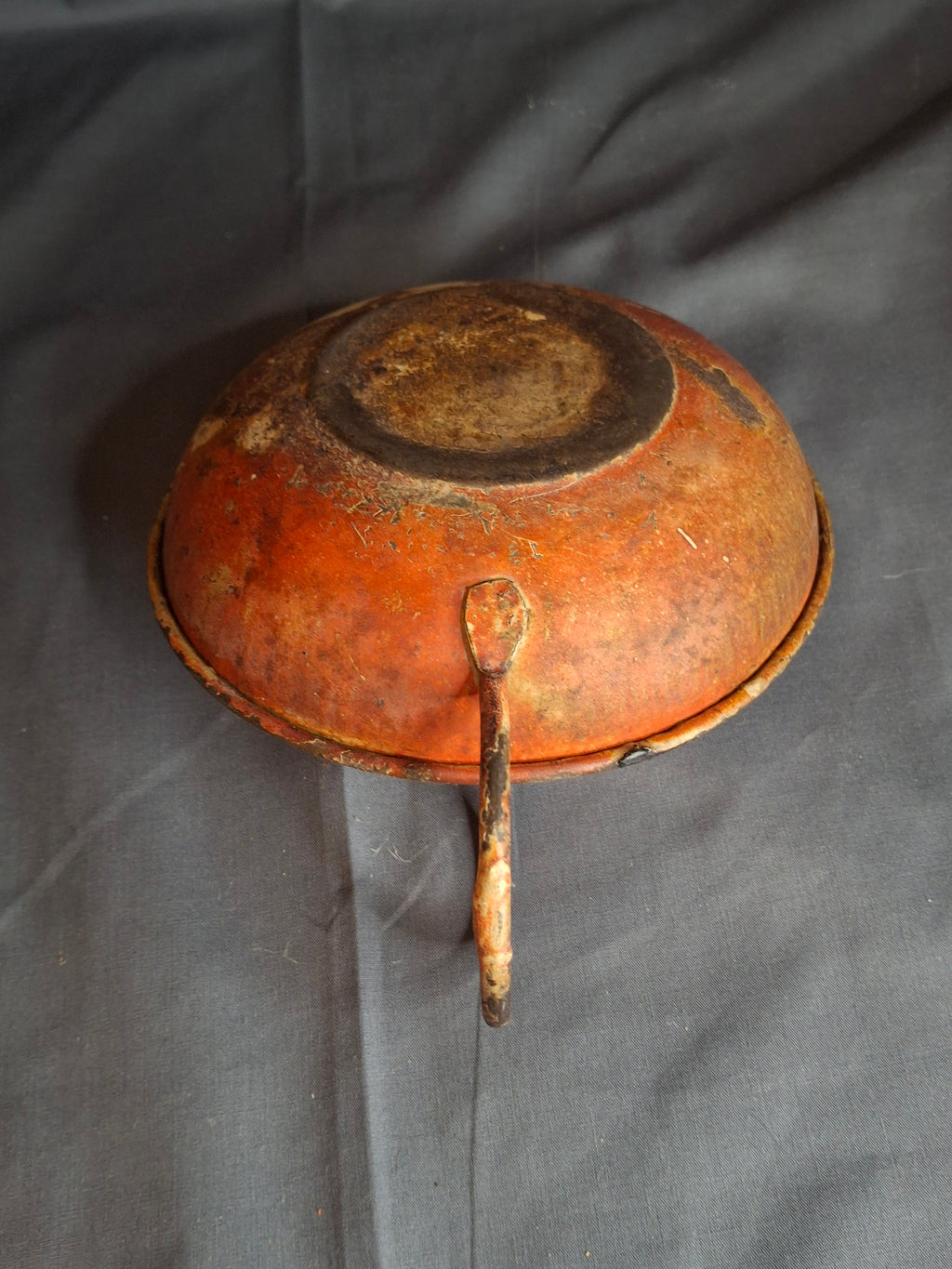 Antique 19th Century Original Red Paint Sheet Tin Chamberstick Candle Holder Finger Loop 5.5"