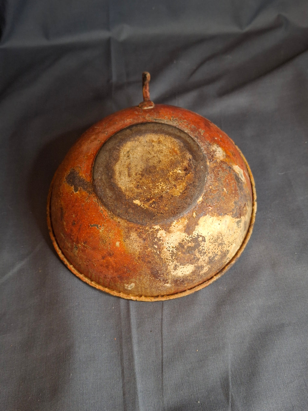 Antique 19th Century Original Red Paint Sheet Tin Chamberstick Candle Holder Finger Loop 5.5"