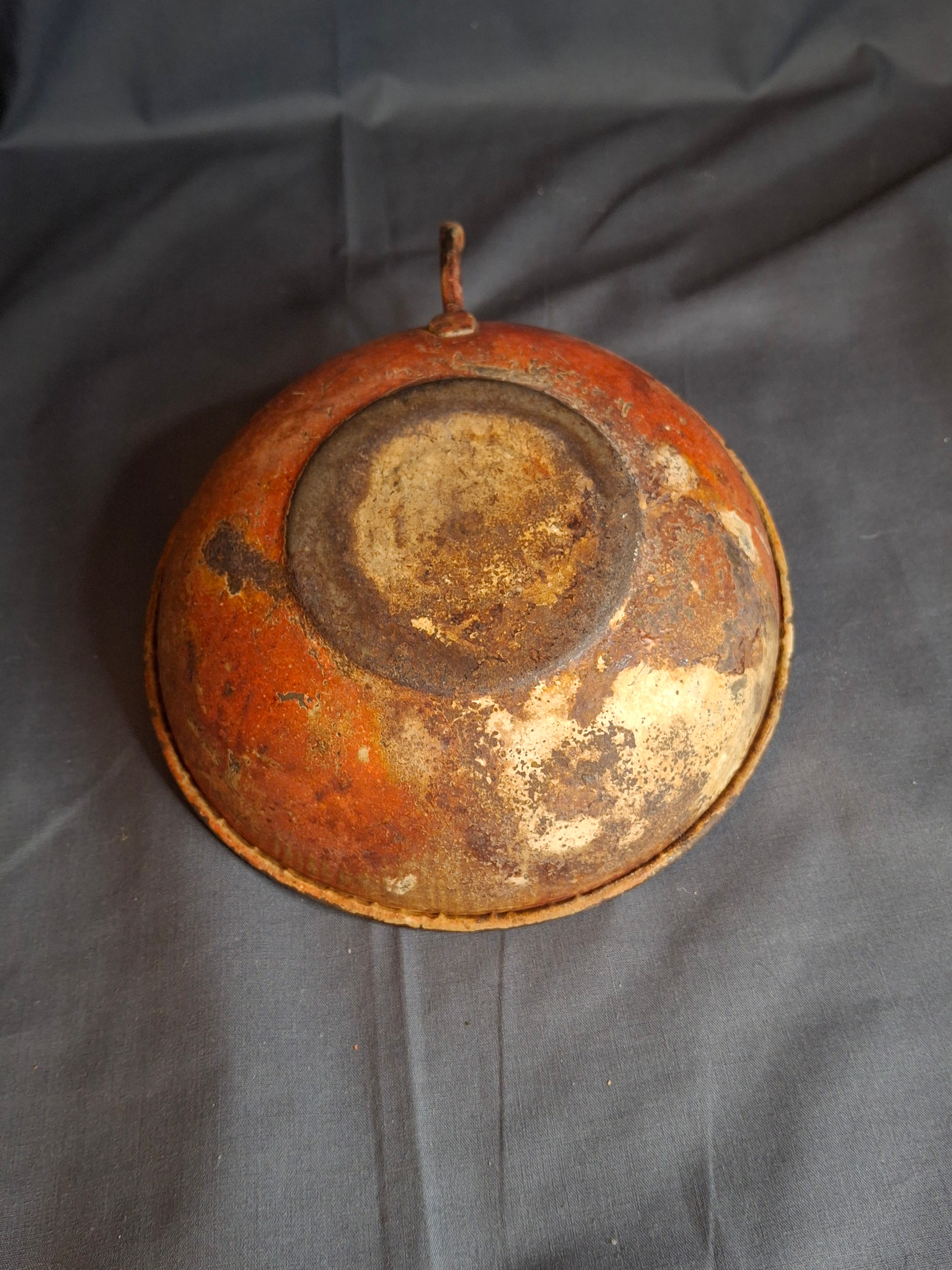 Antique 19th Century Original Red Paint Sheet Tin Chamberstick Candle Holder Finger Loop 5.5"