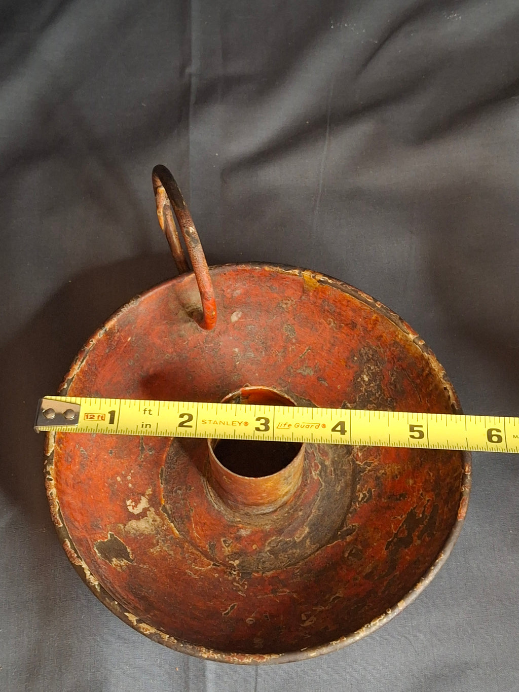 Antique 19th Century Original Red Paint Sheet Tin Chamberstick Candle Holder Finger Loop 5.5"