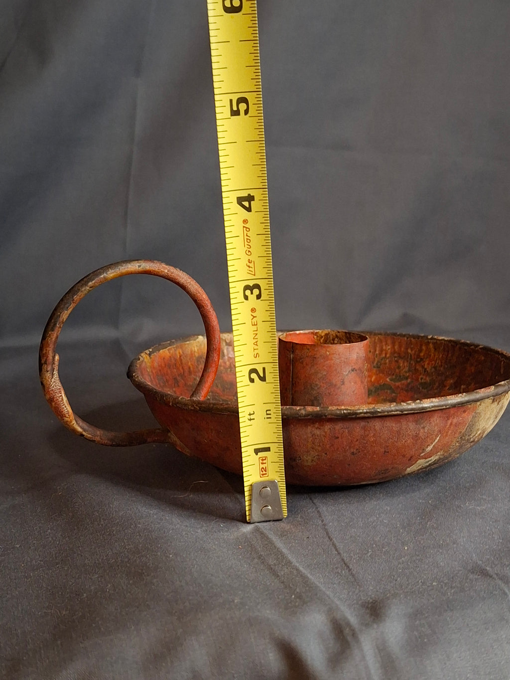 Antique 19th Century Original Red Paint Sheet Tin Chamberstick Candle Holder Finger Loop 5.5"