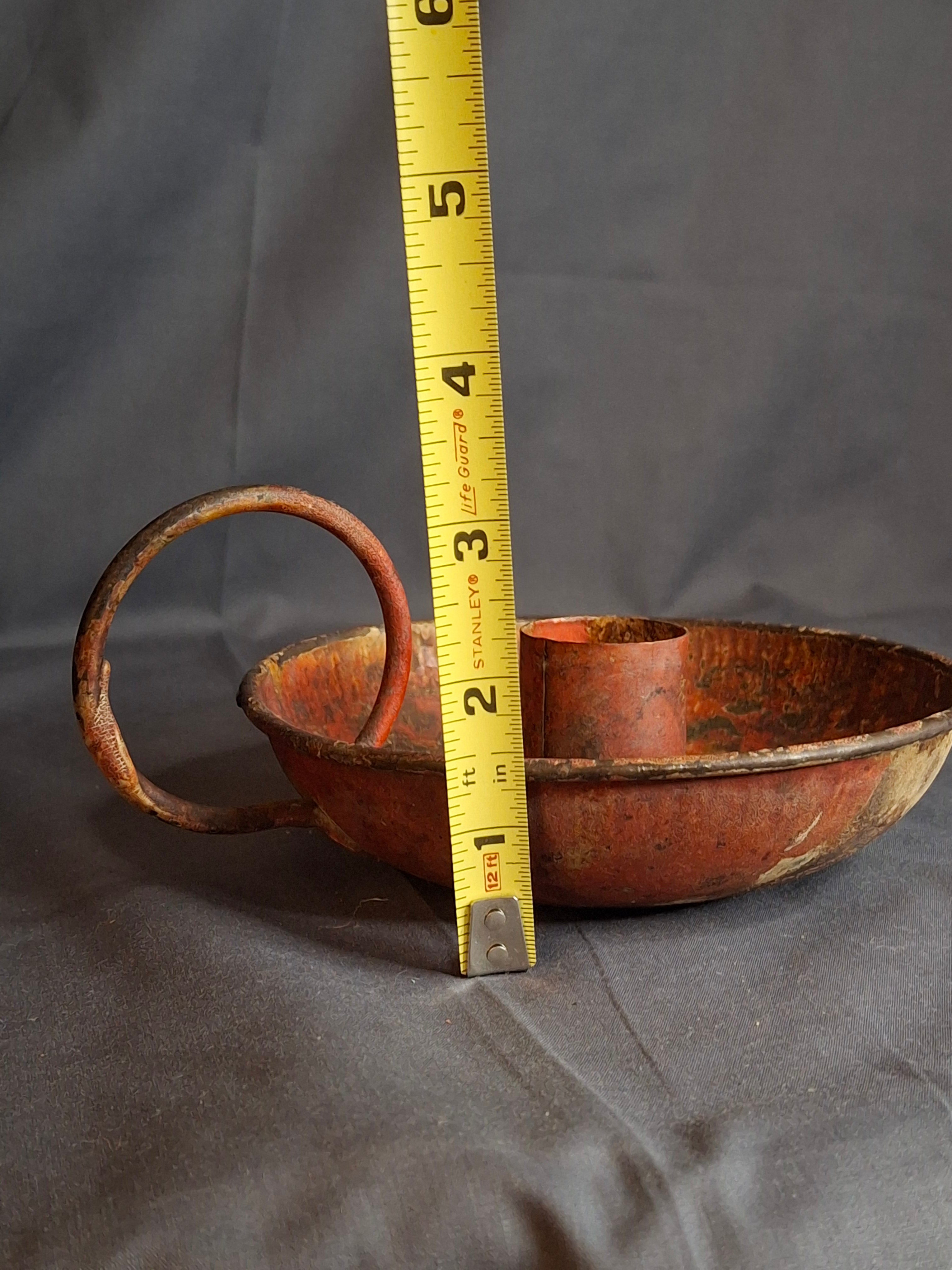 Antique 19th Century Original Red Paint Sheet Tin Chamberstick Candle Holder Finger Loop 5.5"