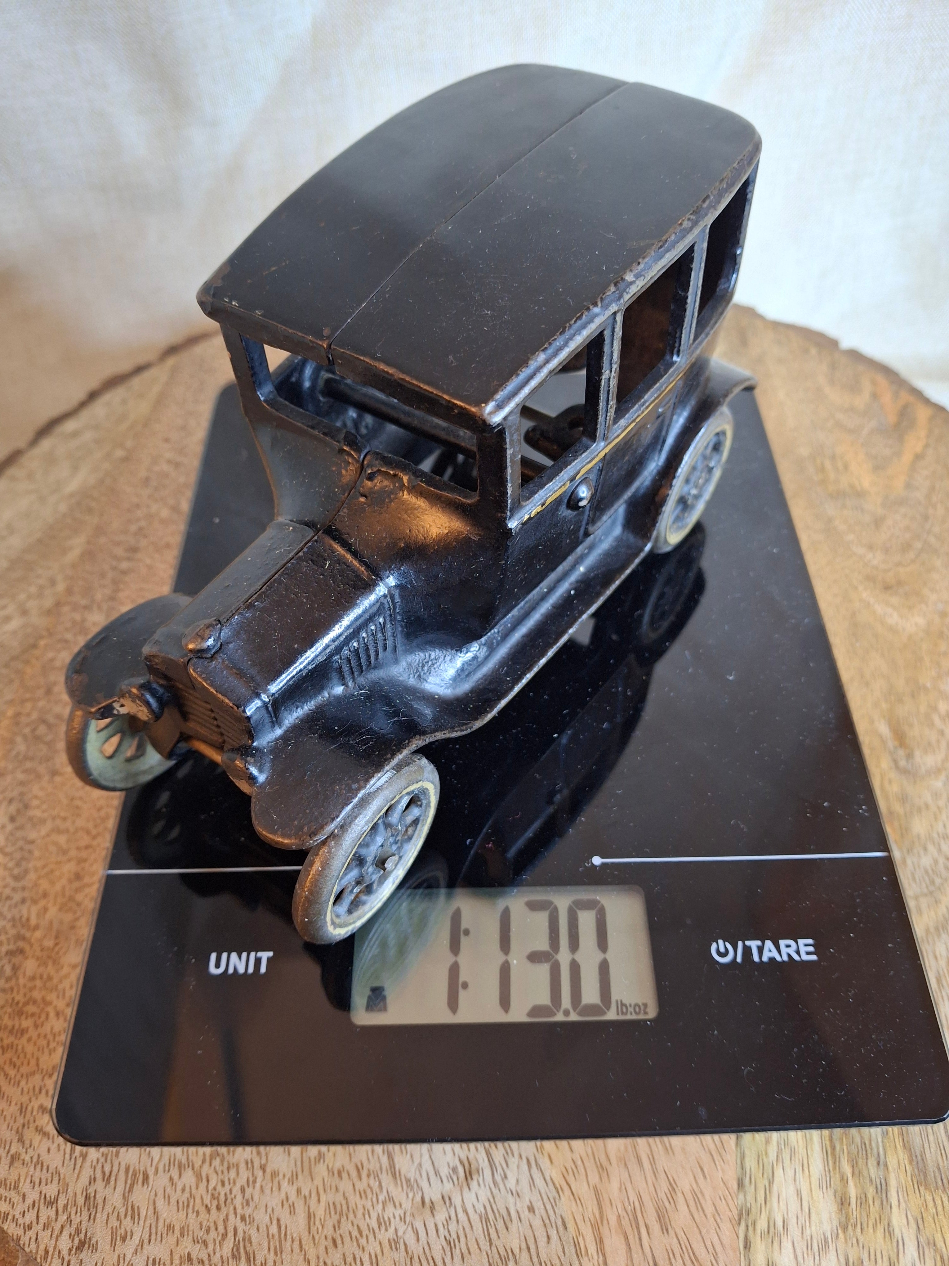 Antique Arcade Cast Iron Ford Model T Tudor Sedan Toy c. 1925 100% Original Paint Gold Striping White Wheels 5"