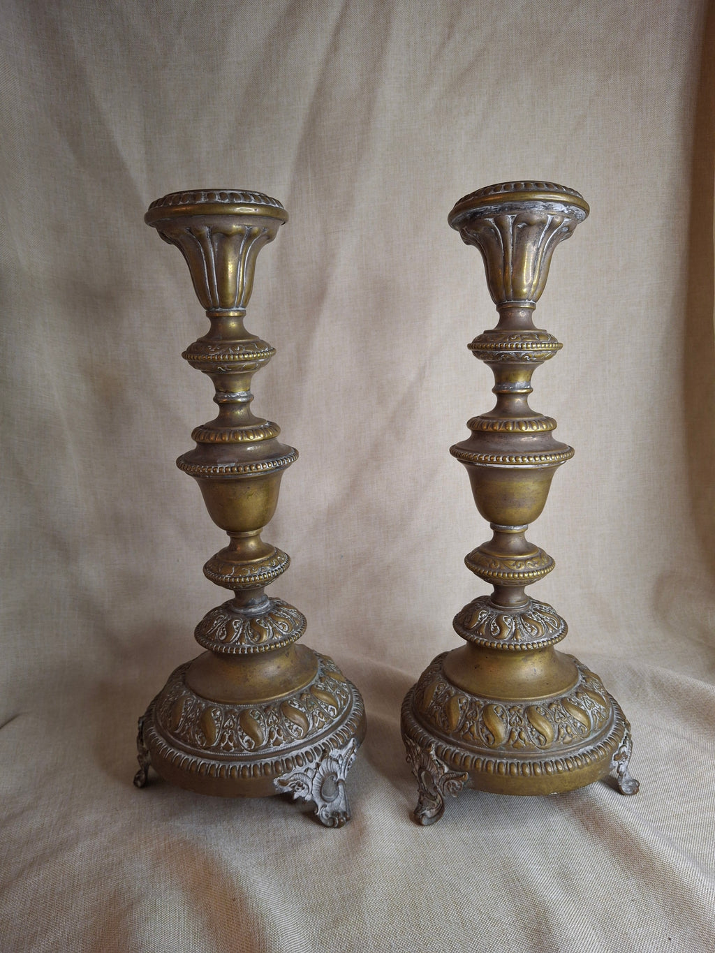 Antique Monumental Warsaw Brass Shabbat Candlesticks, 14" Polish Sabbath 19th Century Pair
