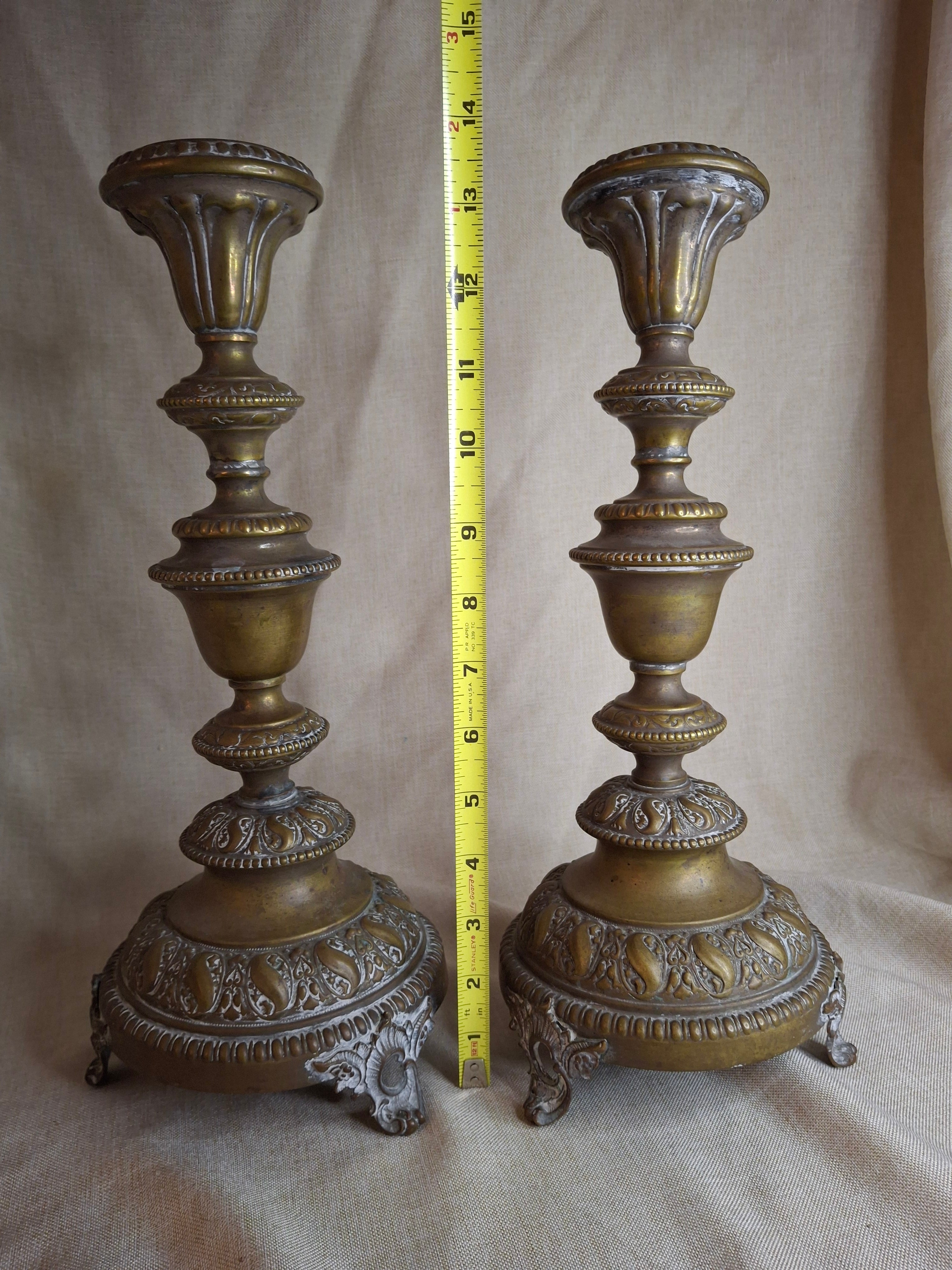 Antique Monumental Warsaw Brass Shabbat Candlesticks, 14" Polish Sabbath 19th Century Pair