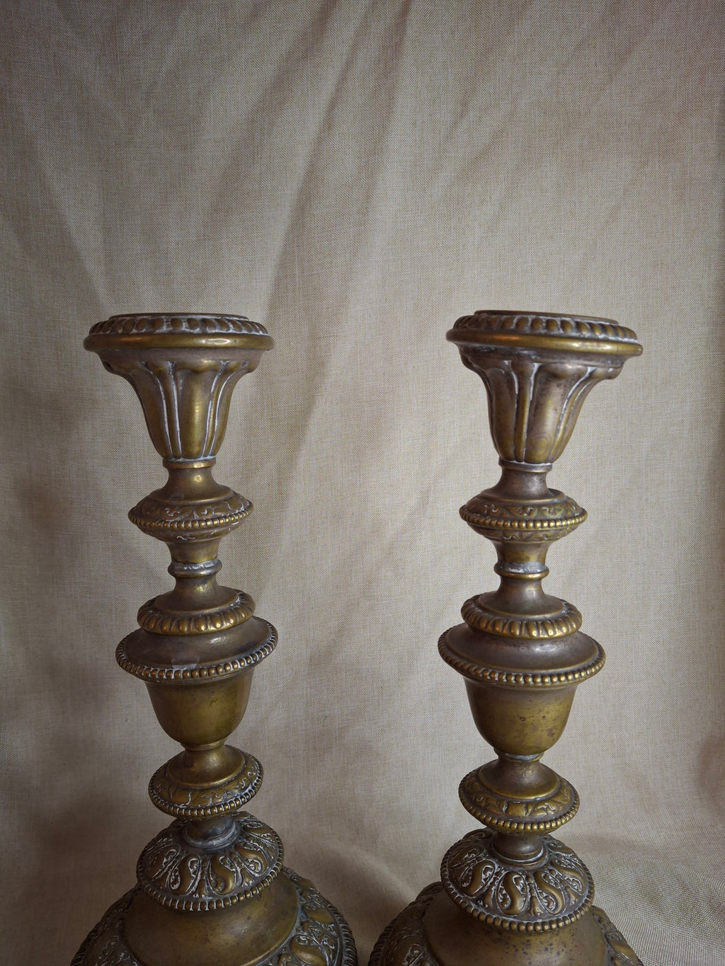 Antique Monumental Warsaw Brass Shabbat Candlesticks, 14" Polish Sabbath 19th Century Pair