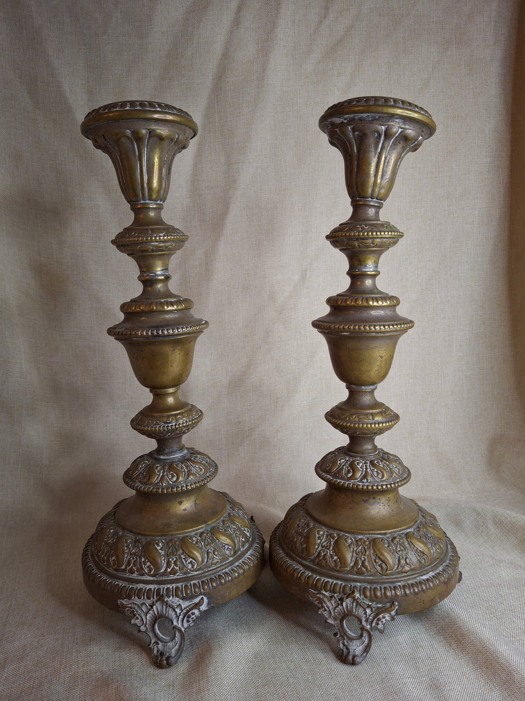 Antique Monumental Warsaw Brass Shabbat Candlesticks, 14" Polish Sabbath 19th Century Pair
