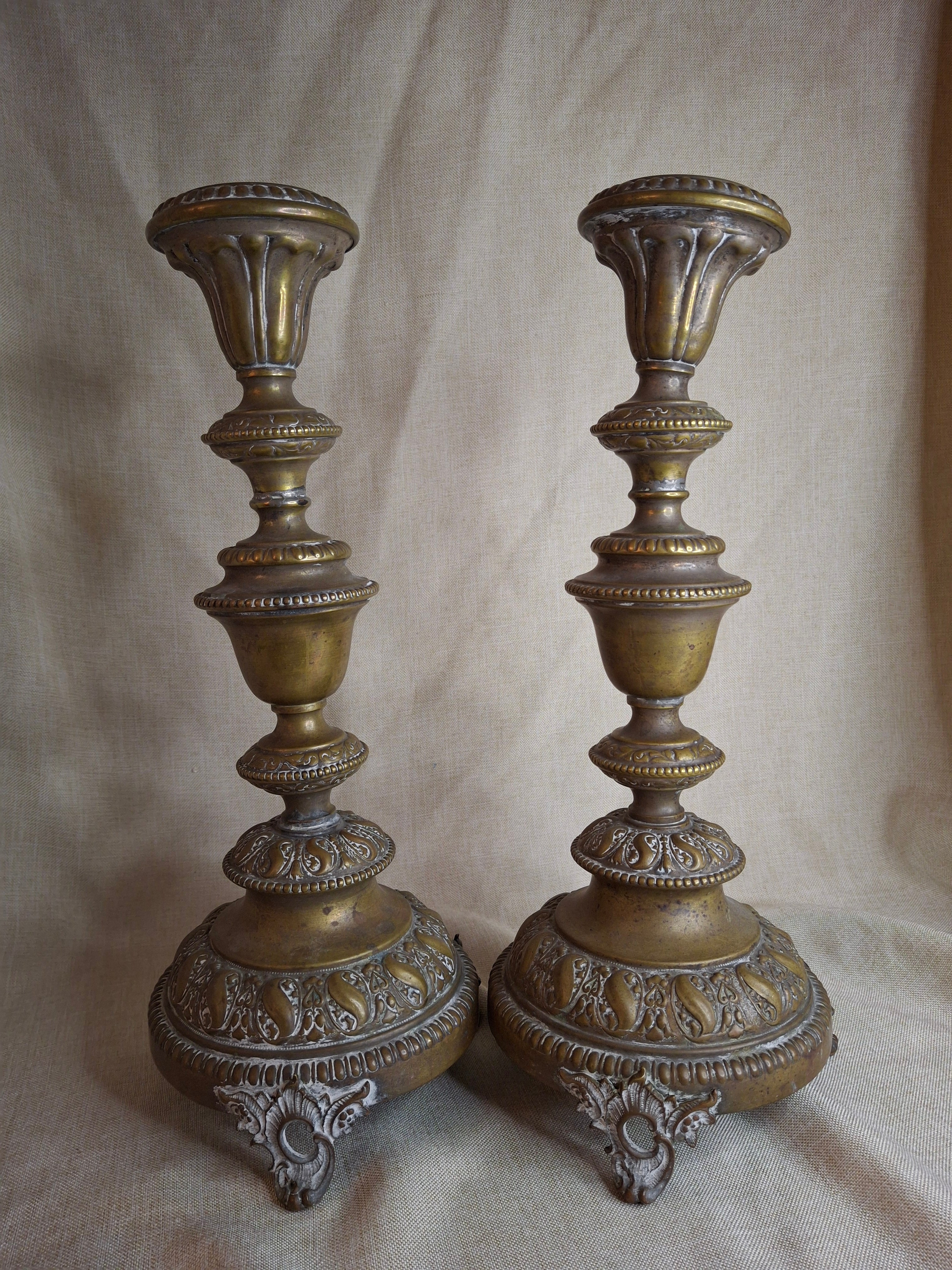 Antique Monumental Warsaw Brass Shabbat Candlesticks, 14" Polish Sabbath 19th Century Pair