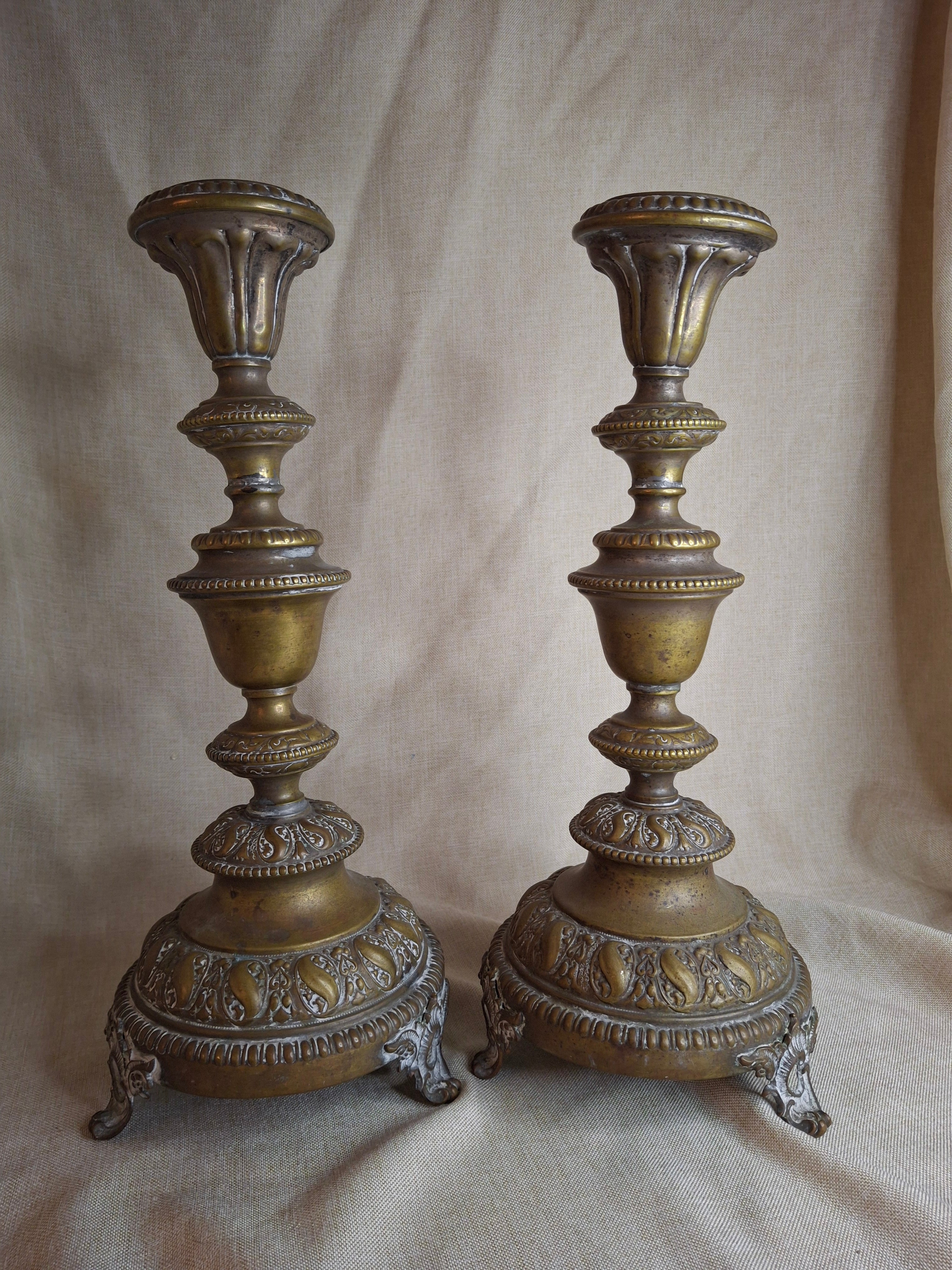 Antique Monumental Warsaw Brass Shabbat Candlesticks, 14" Polish Sabbath 19th Century Pair
