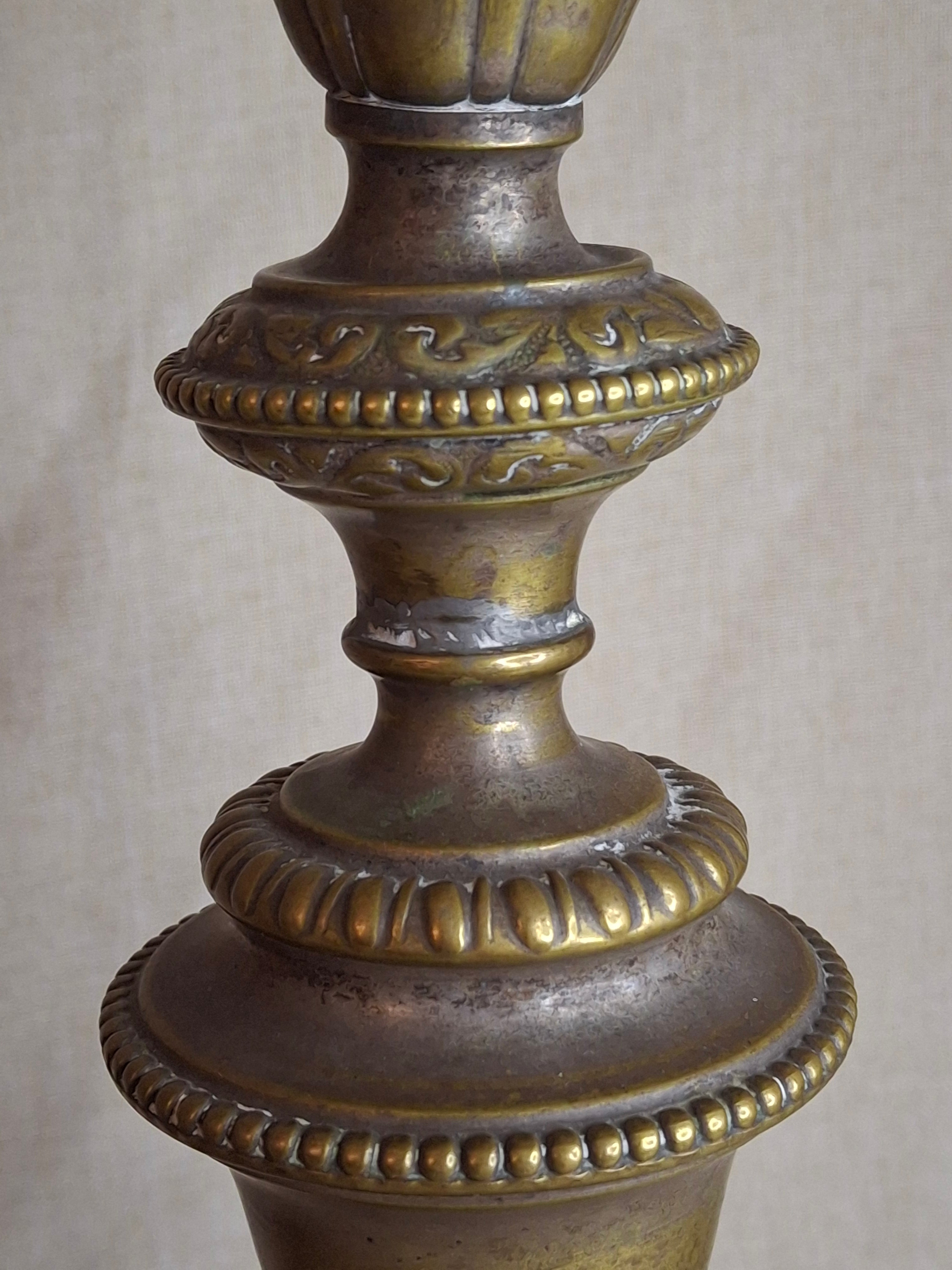 Antique Monumental Warsaw Brass Shabbat Candlesticks, 14" Polish Sabbath 19th Century Pair
