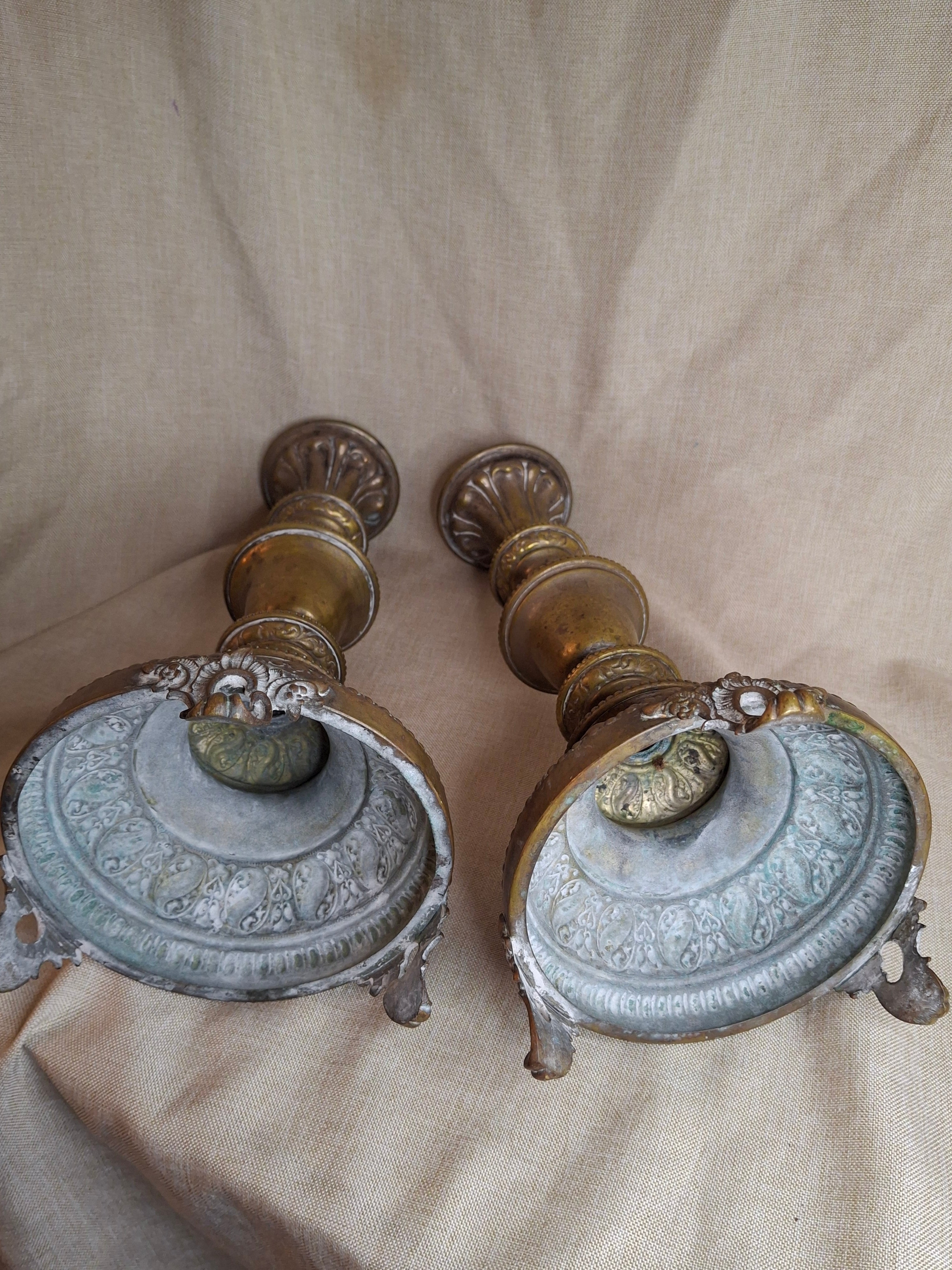 Antique Monumental Warsaw Brass Shabbat Candlesticks, 14" Polish Sabbath 19th Century Pair
