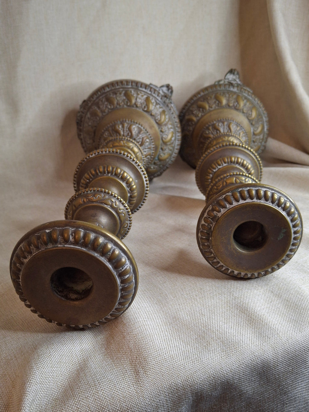 Antique Monumental Warsaw Brass Shabbat Candlesticks, 14" Polish Sabbath 19th Century Pair