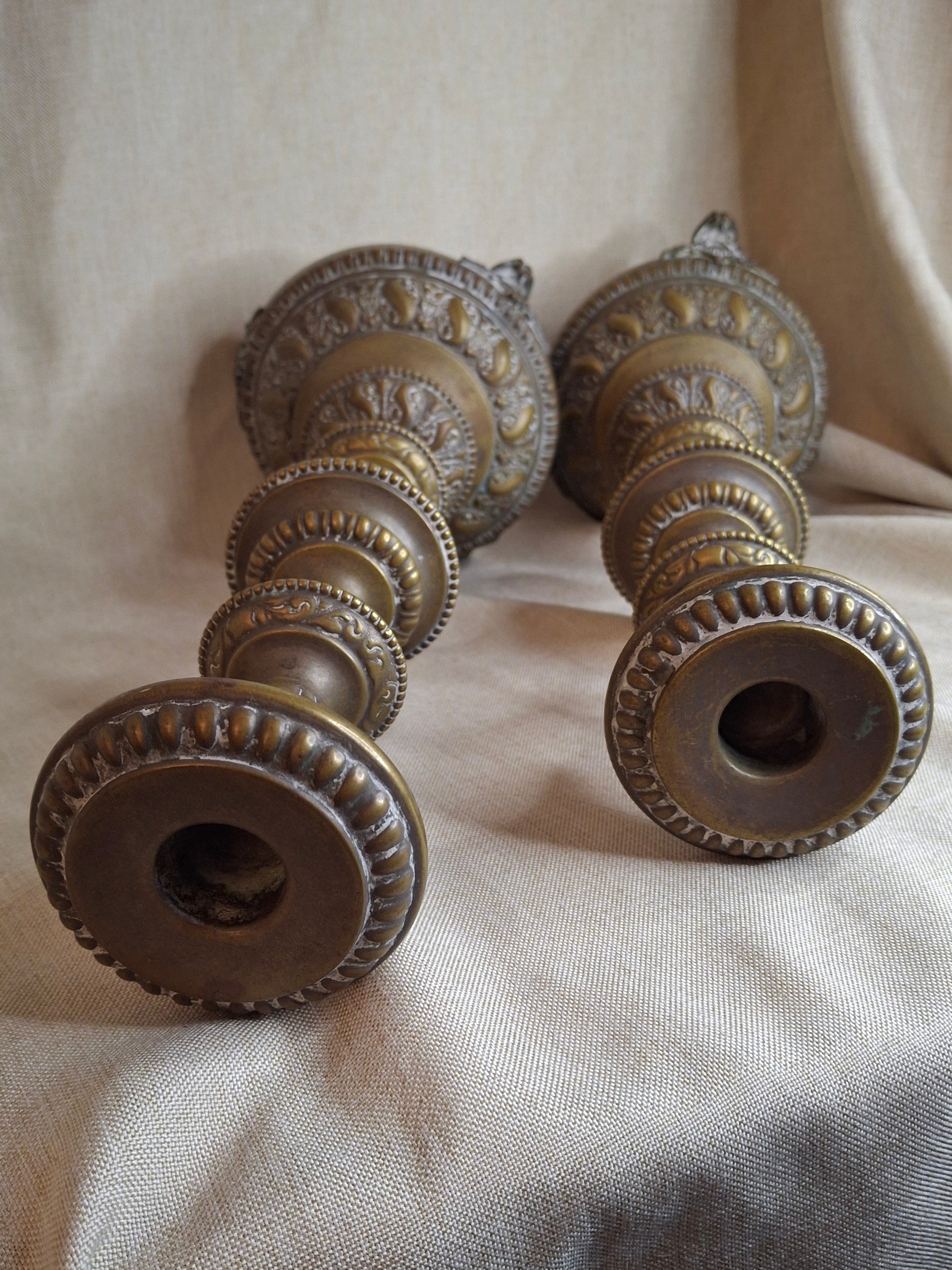 Antique Monumental Warsaw Brass Shabbat Candlesticks, 14" Polish Sabbath 19th Century Pair