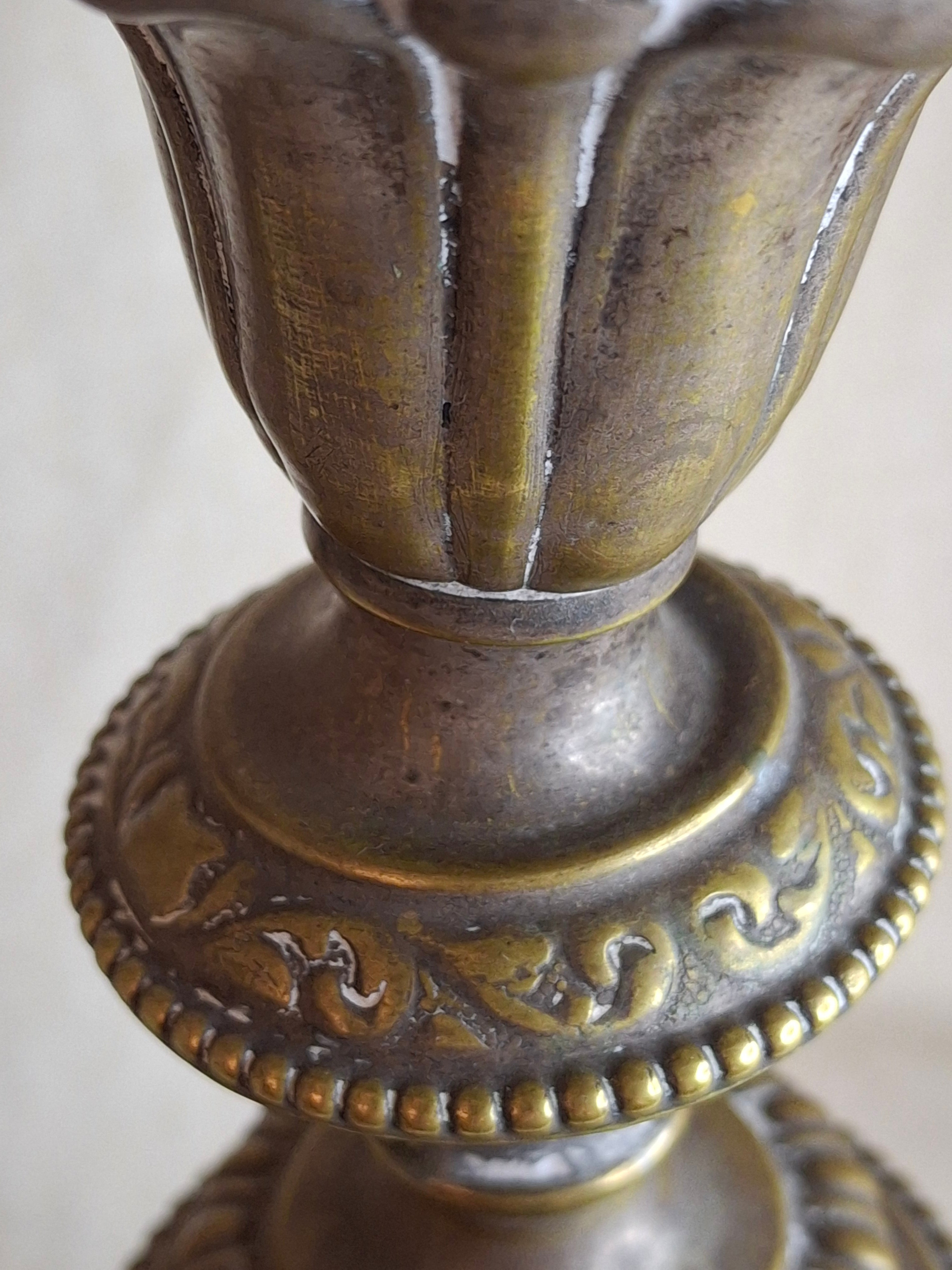 Antique Monumental Warsaw Brass Shabbat Candlesticks, 14" Polish Sabbath 19th Century Pair