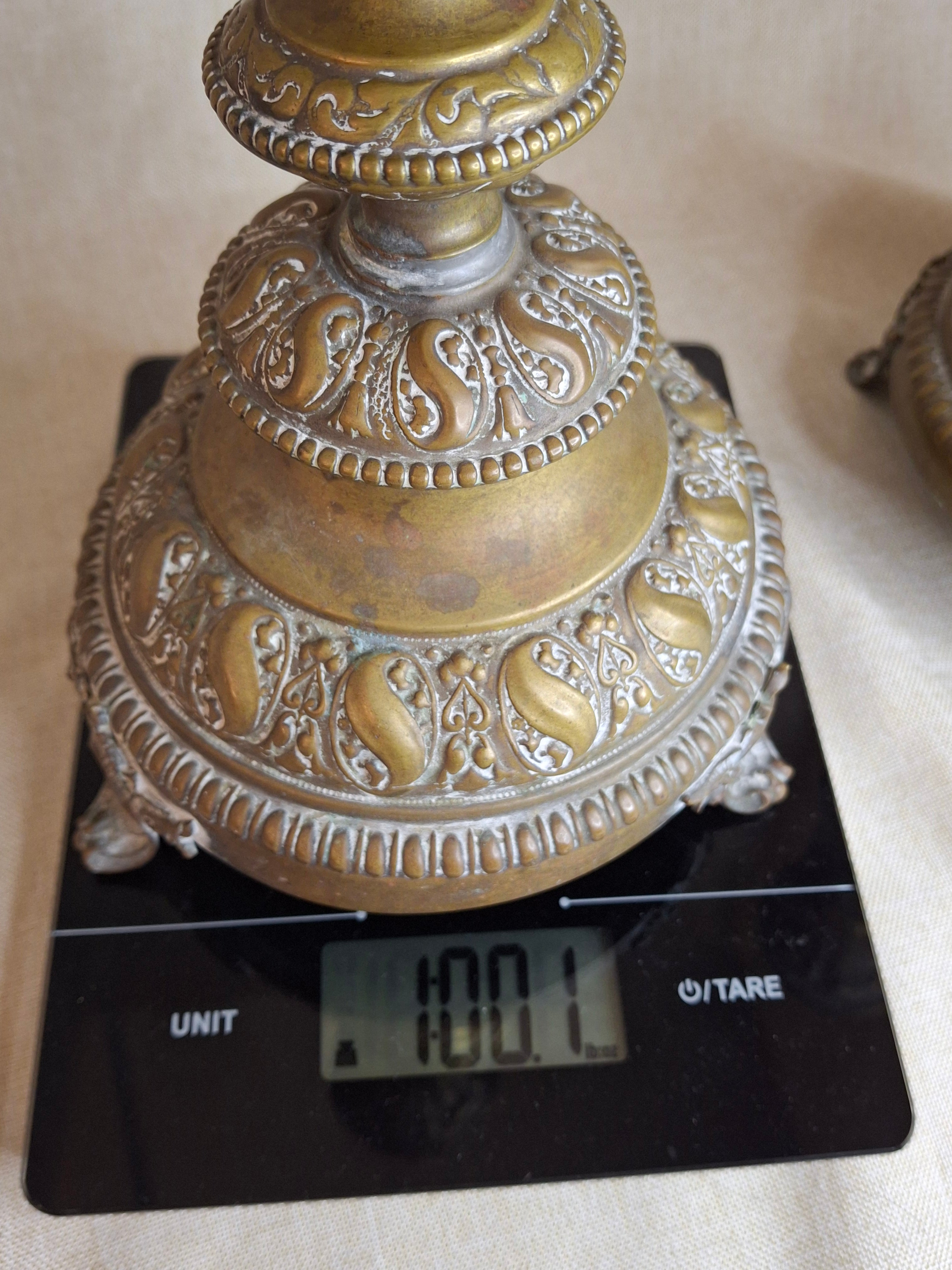 Antique Monumental Warsaw Brass Shabbat Candlesticks, 14" Polish Sabbath 19th Century Pair