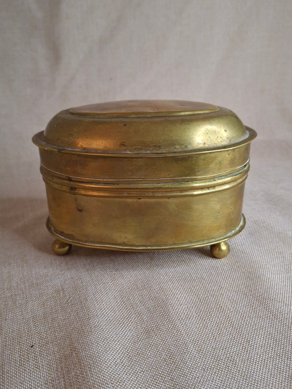 Antique 19th Century Oval Brass Tobacco Box – Hinged Keepsake or Trinket Casket