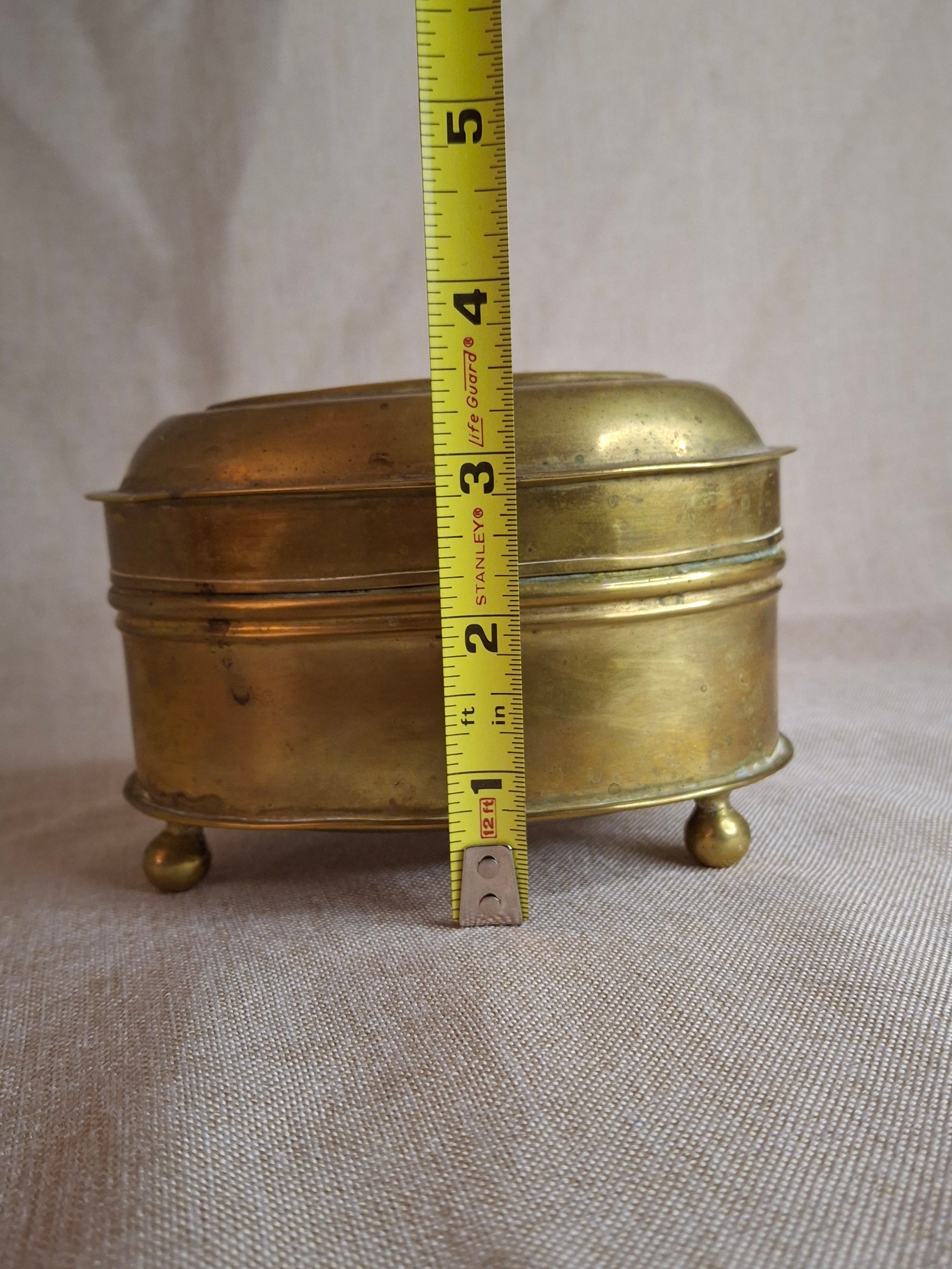Antique 19th Century Oval Brass Tobacco Box – Hinged Keepsake or Trinket Casket