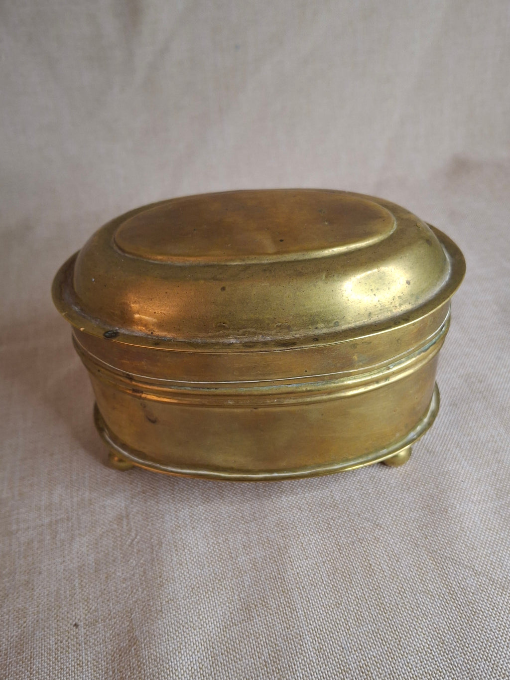 Antique 19th Century Oval Brass Tobacco Box – Hinged Keepsake or Trinket Casket