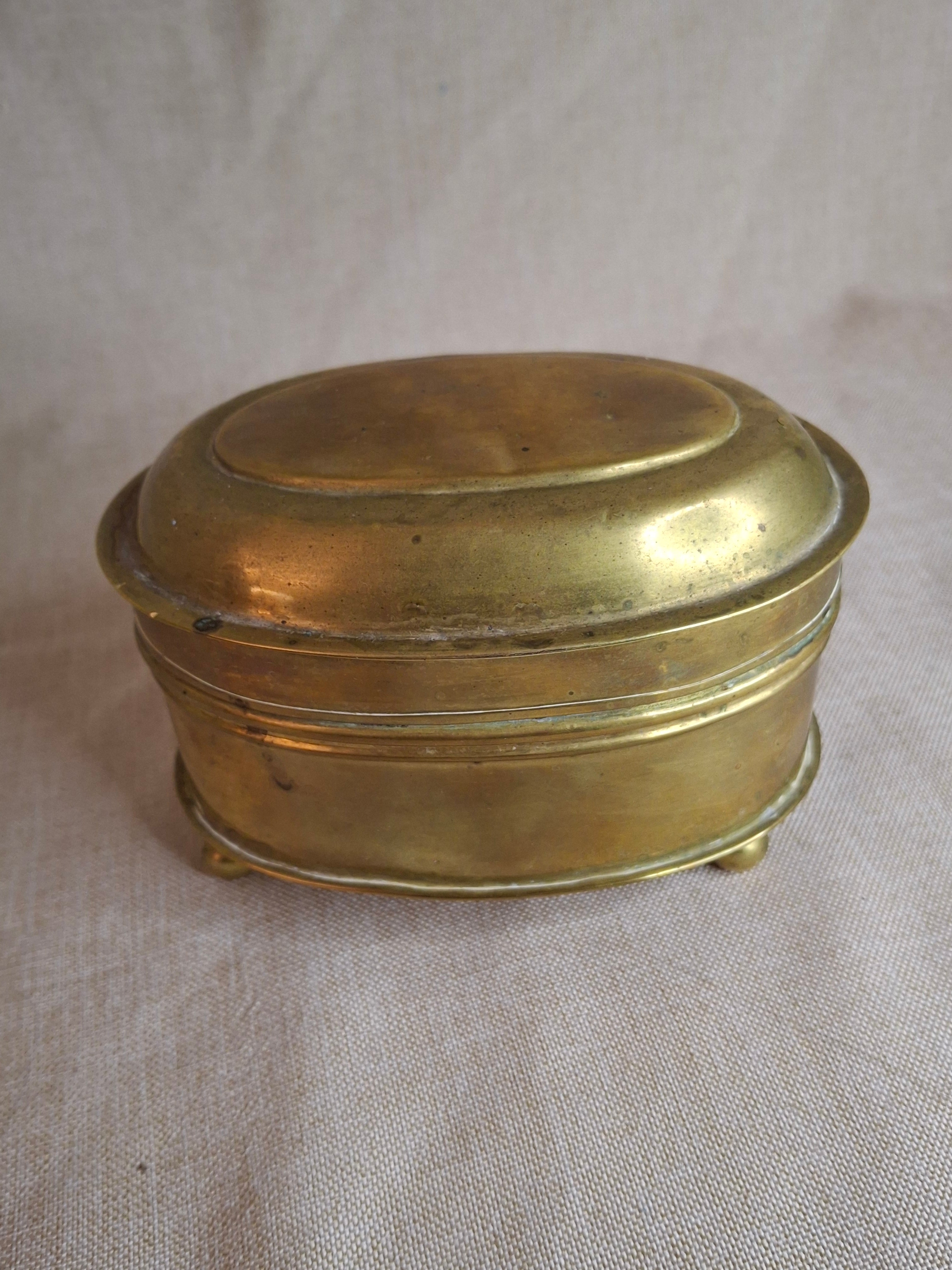 Antique 19th Century Oval Brass Tobacco Box – Hinged Keepsake or Trinket Casket