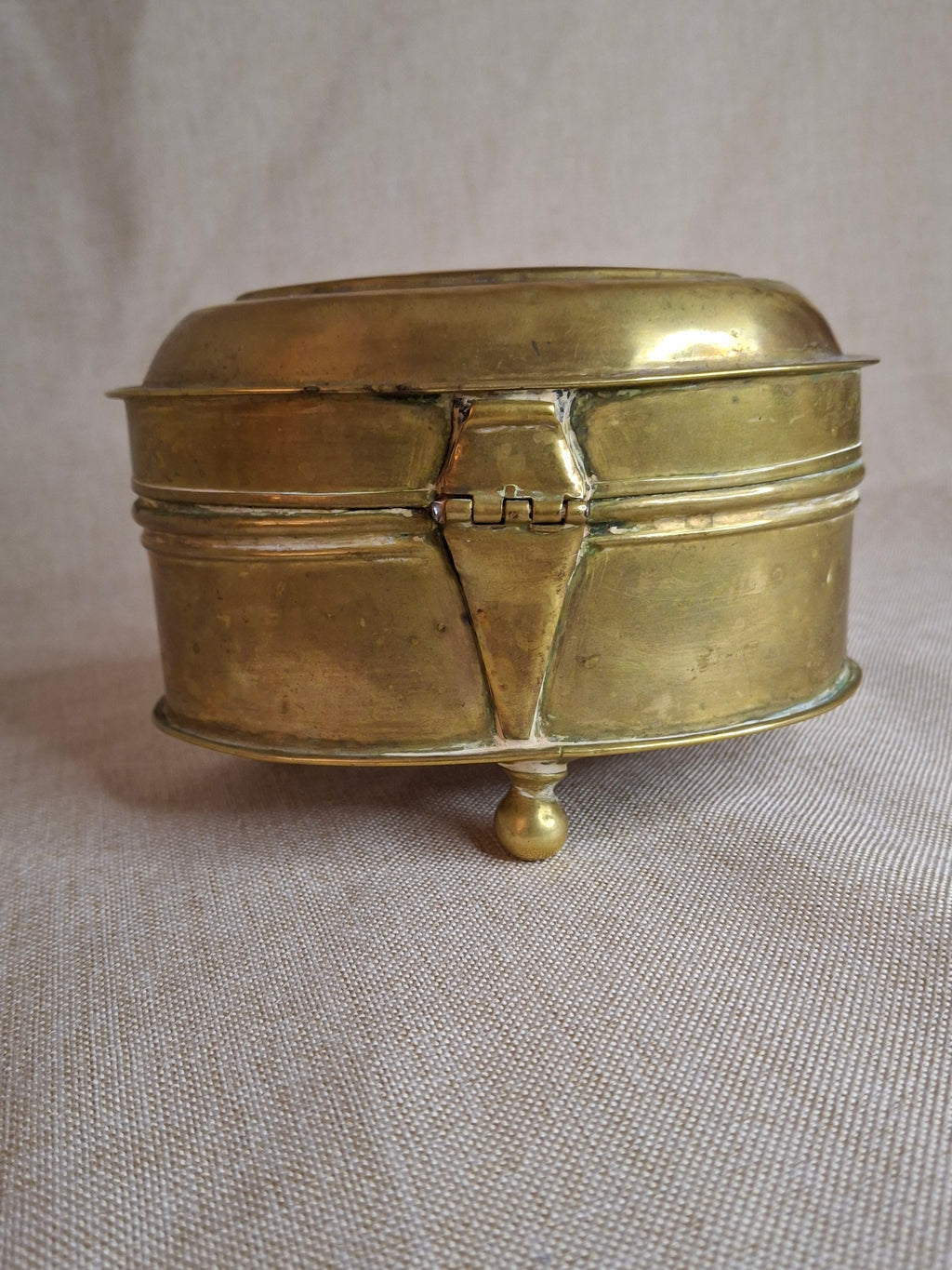 Antique 19th Century Oval Brass Tobacco Box – Hinged Keepsake or Trinket Casket