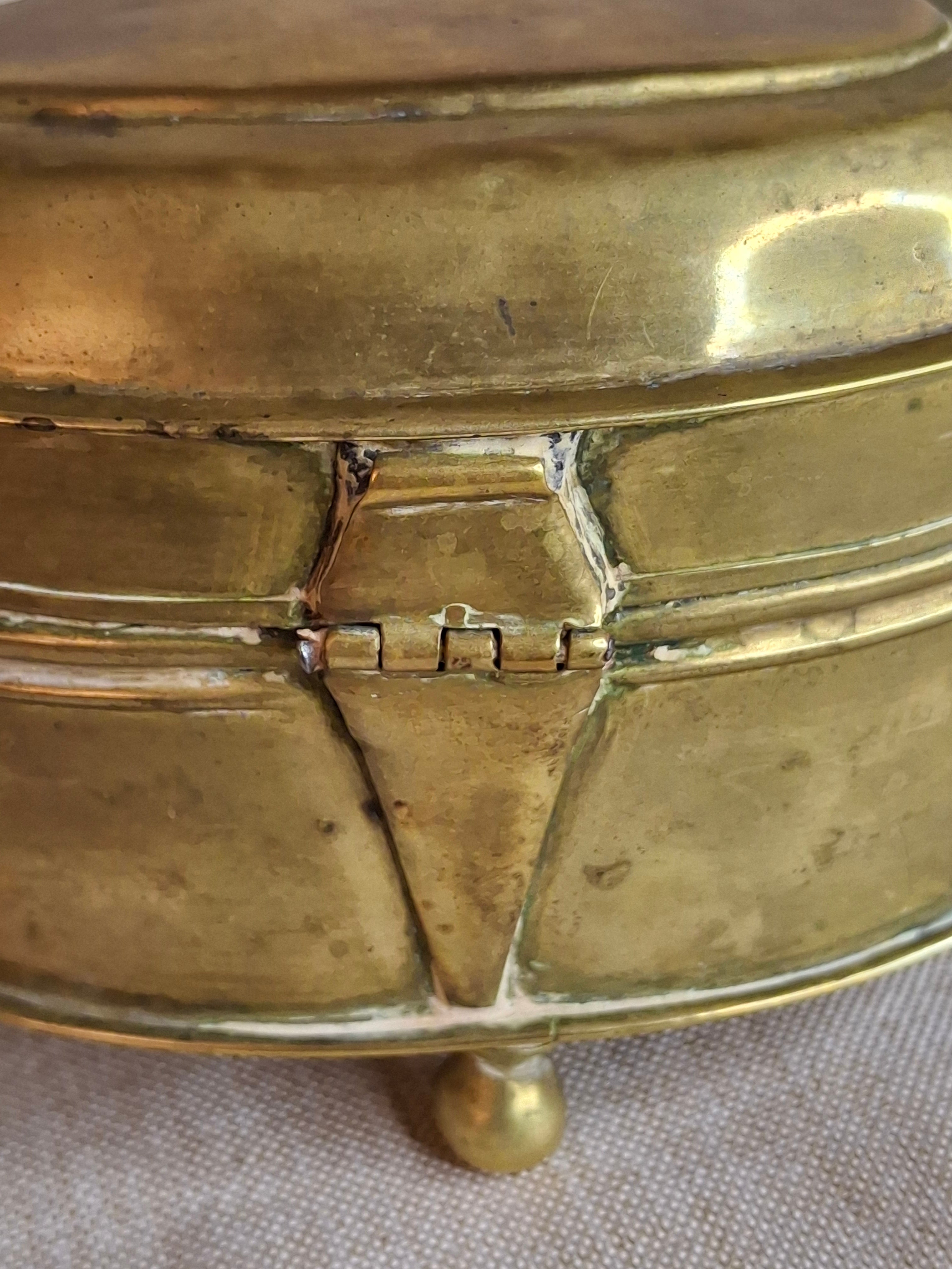 Antique 19th Century Oval Brass Tobacco Box – Hinged Keepsake or Trinket Casket