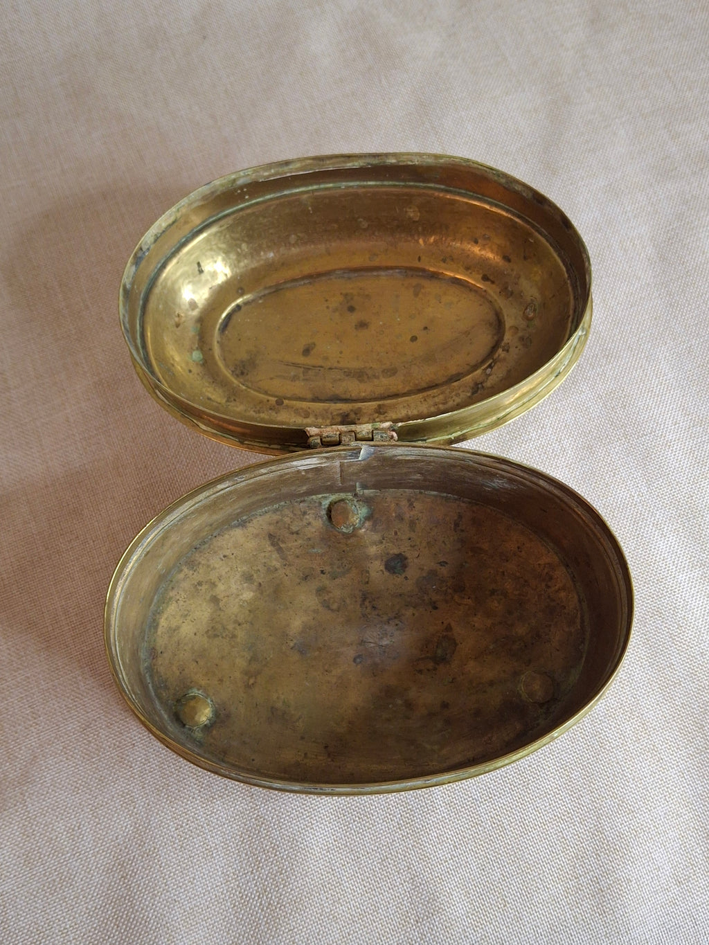 Antique 19th Century Oval Brass Tobacco Box – Hinged Keepsake or Trinket Casket