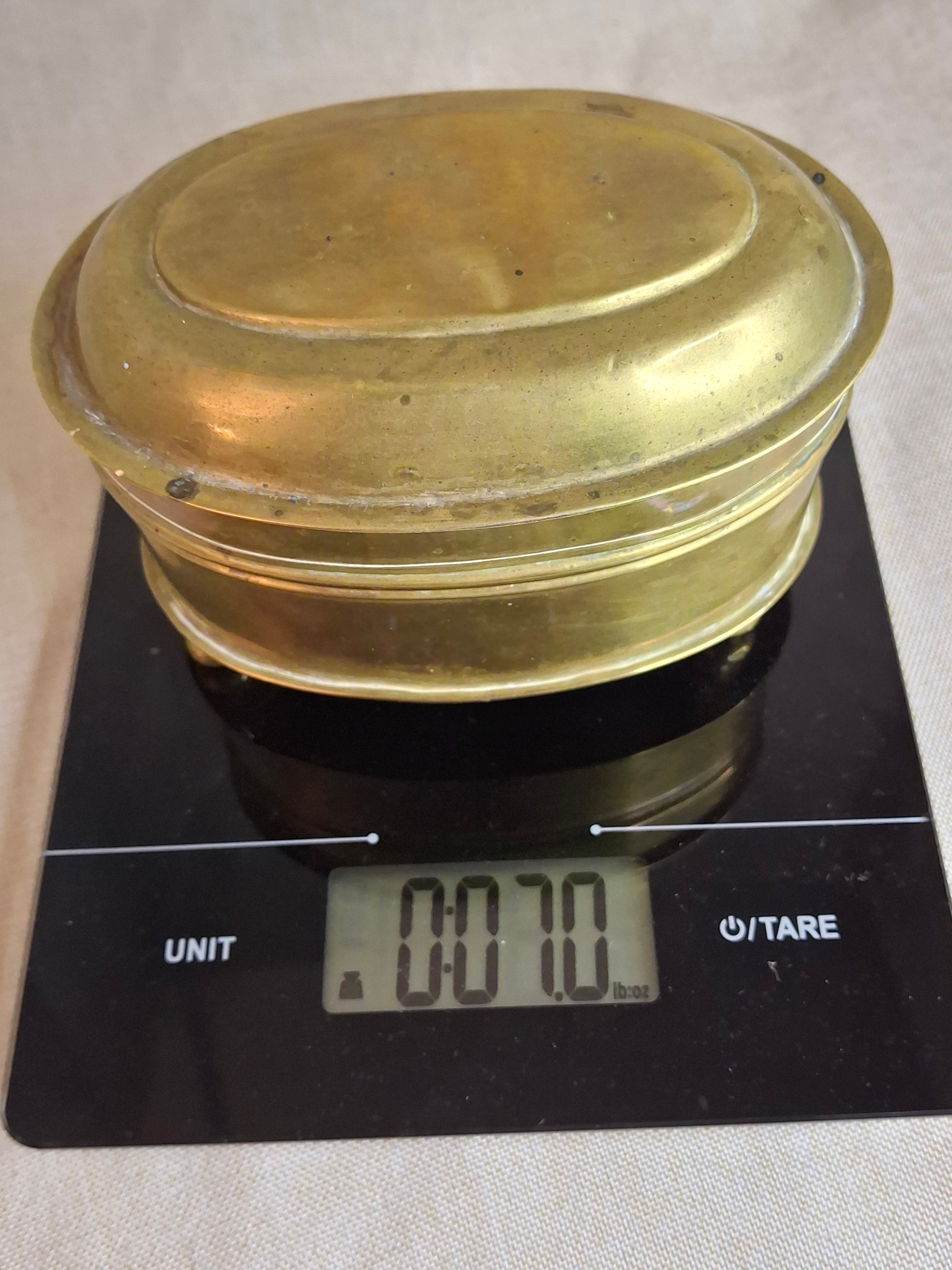 Antique 19th Century Oval Brass Tobacco Box – Hinged Keepsake or Trinket Casket