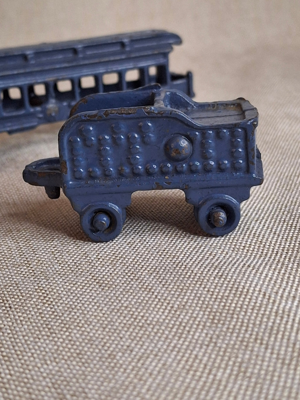 Antique Pre-War Kilgore Cast Iron Toy Floor Train Set – 3 Pieces Blue Paint