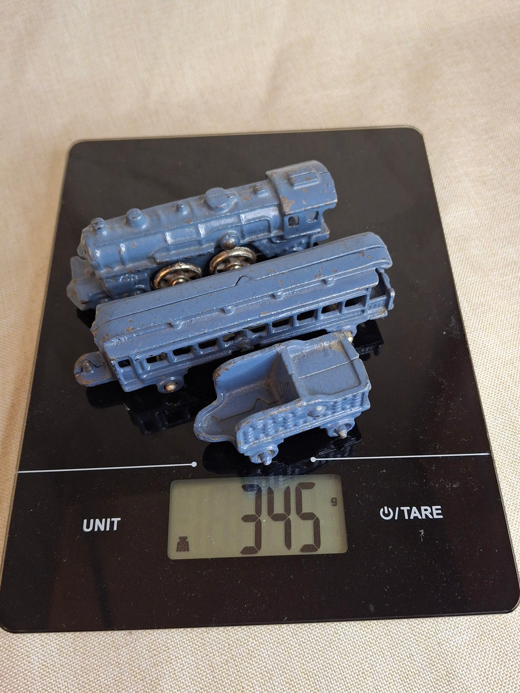 Antique Pre-War Kilgore Cast Iron Toy Floor Train Set – 3 Pieces Blue Paint