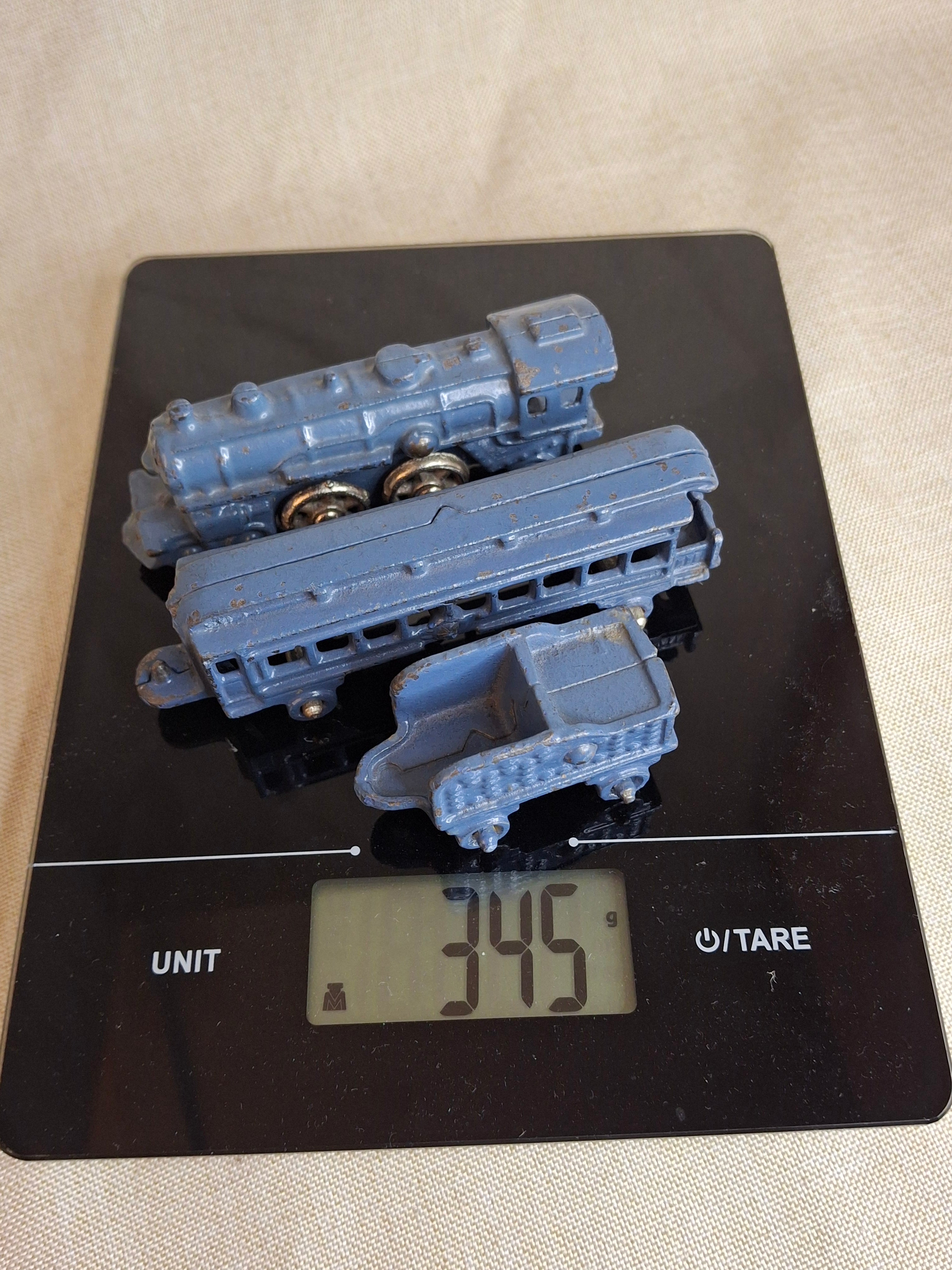 Antique Pre-War Kilgore Cast Iron Toy Floor Train Set – 3 Pieces Blue Paint