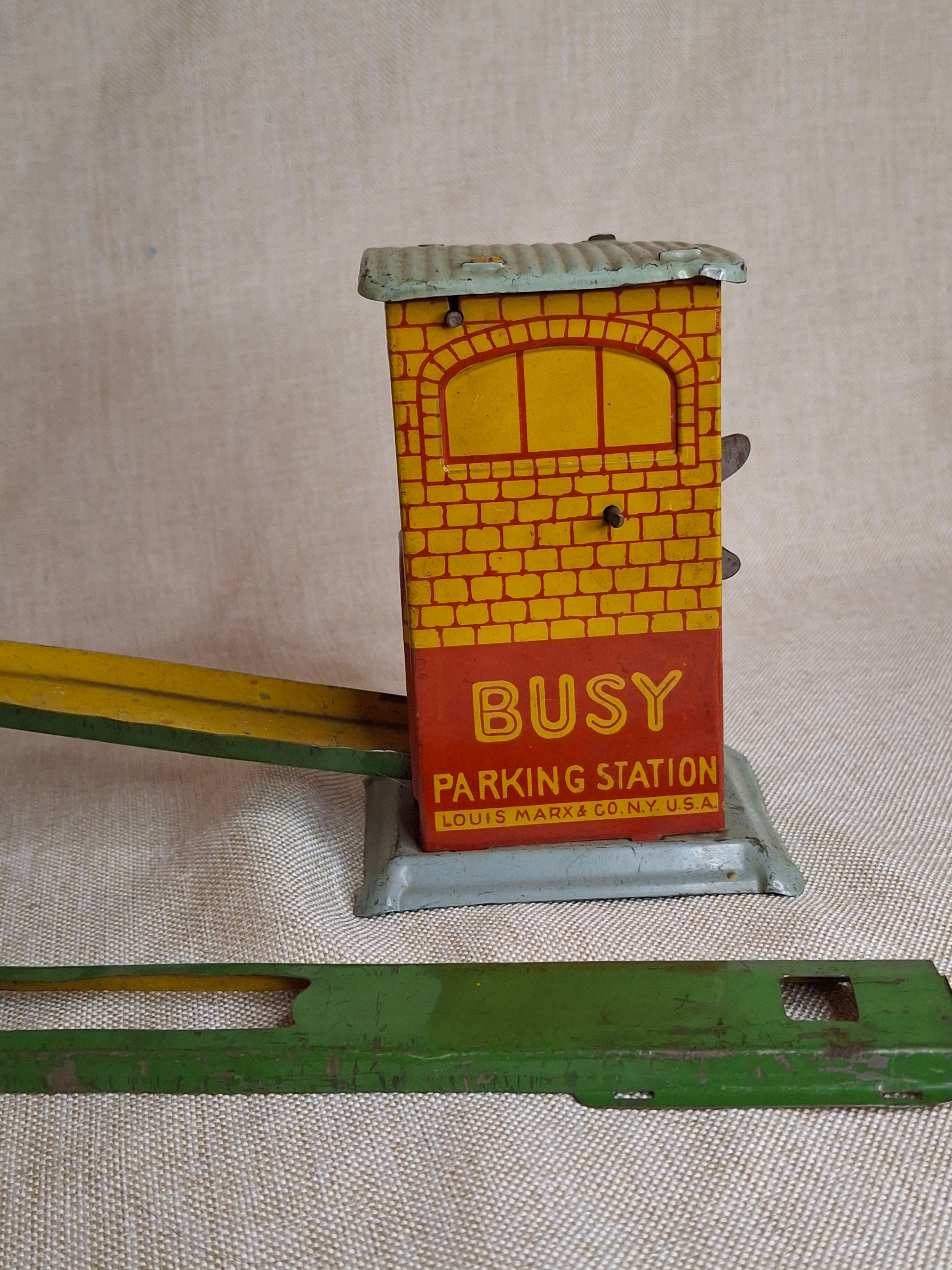 Vintage 1930s Louis Marx "Busy Parking Station" Tin Litho Wind-Up Toy w/ Car & Track