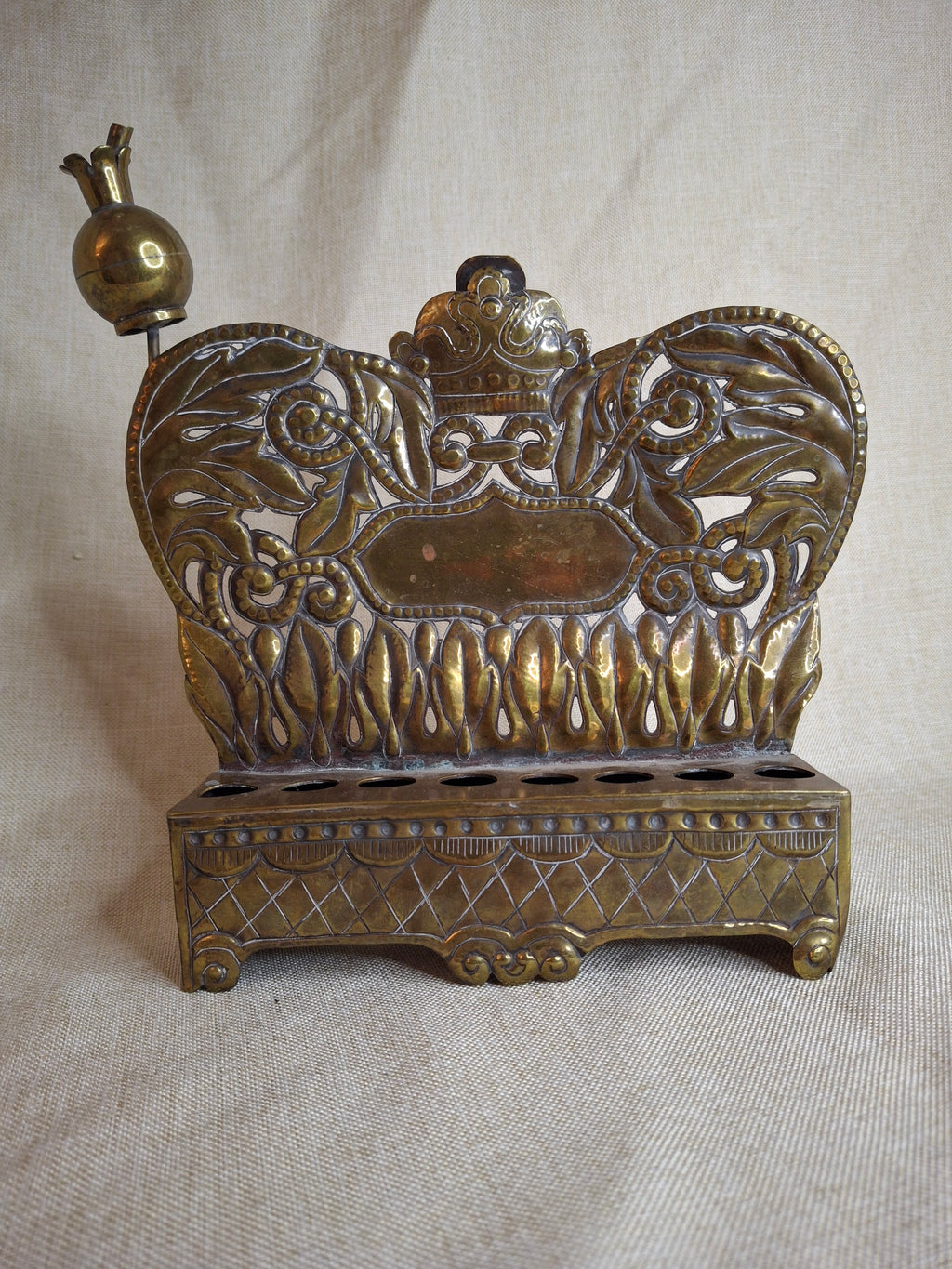 Rare 19thC Polish Brass Hanukkah Menorah Oil Lamp Crown Lions Judaica
